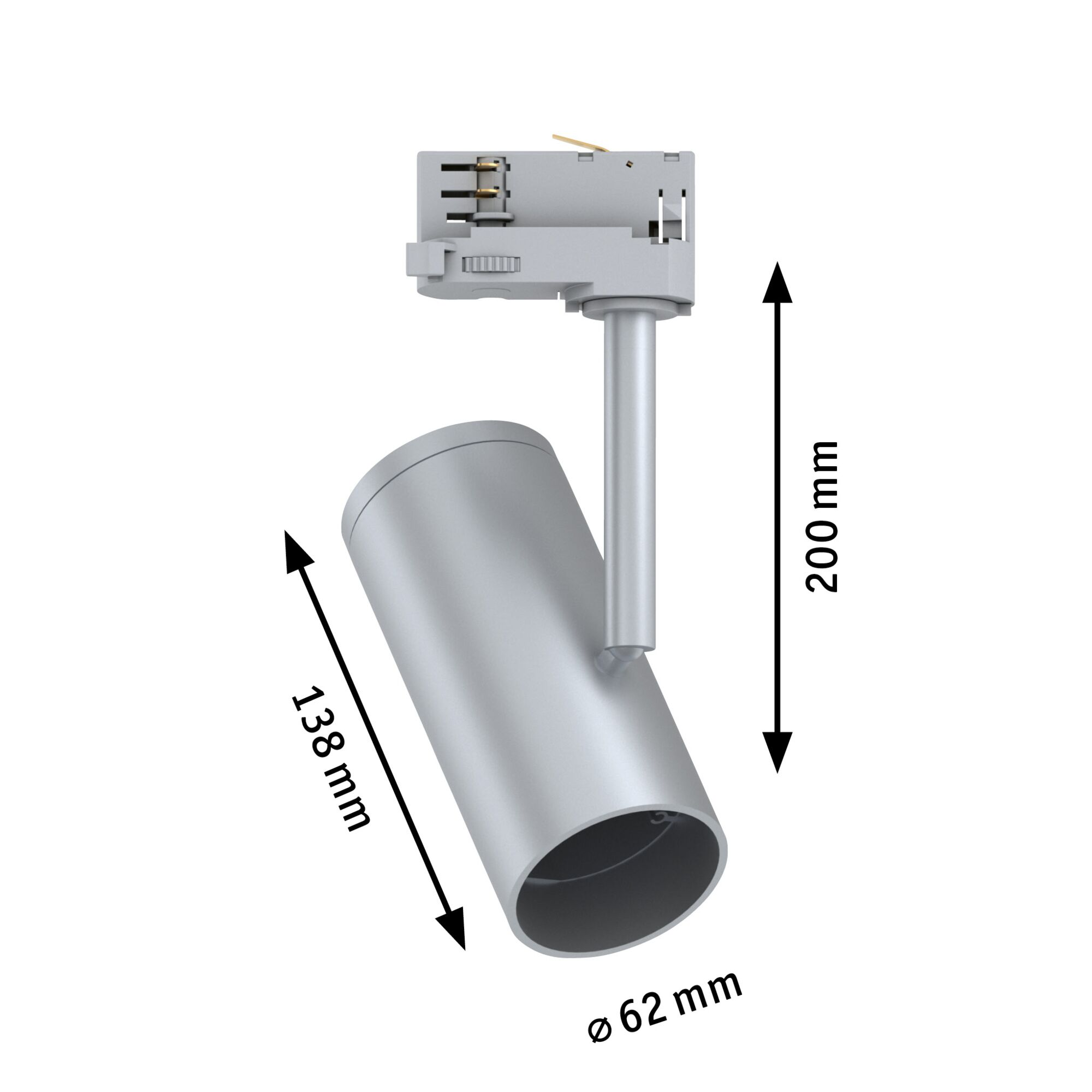 Silberner zylindrischer Strahler mit Anschlussstück. Maße: 138 mm, 200 mm, Ø 62 mm.