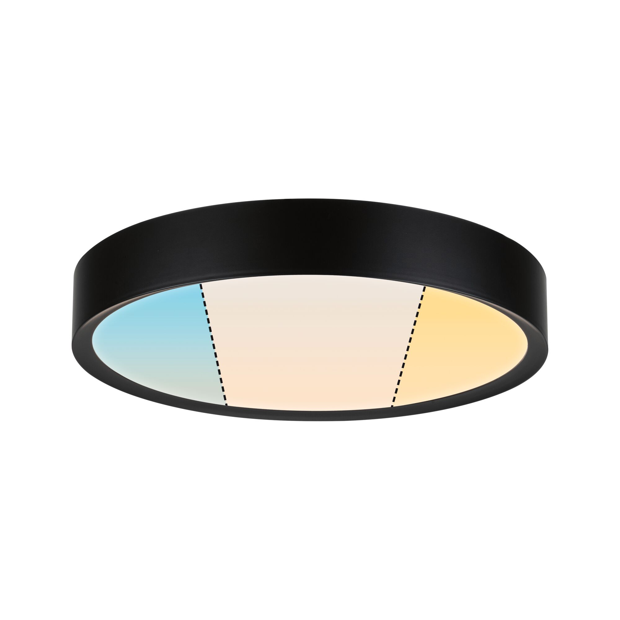 Czarna lampa sufitowa z trzema strefami kolorów: niebieską, białą i żółtą.