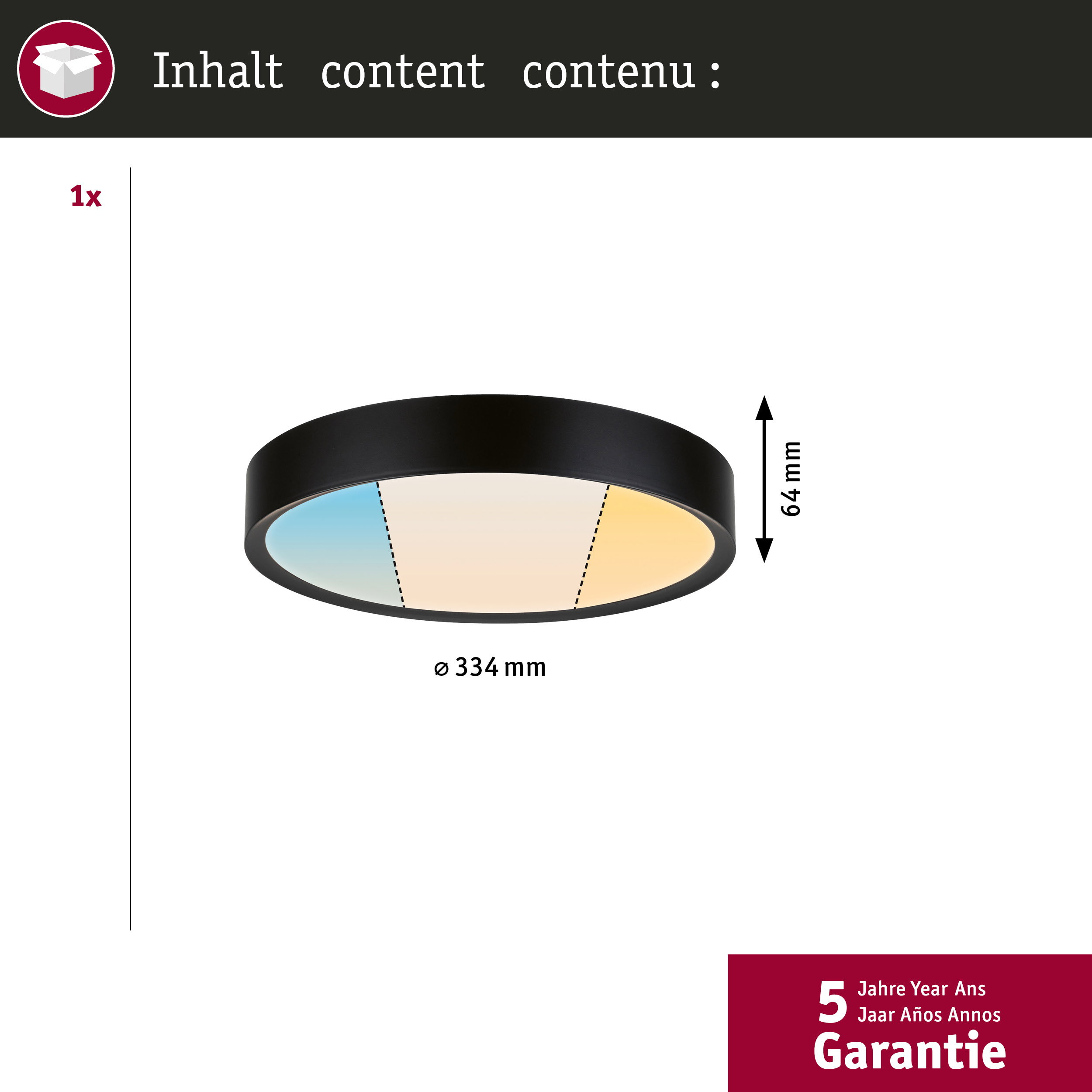 Czarne światło sufitowe, szerokość 334mm, wysokość 64mm, z 5-letnią gwarancją.