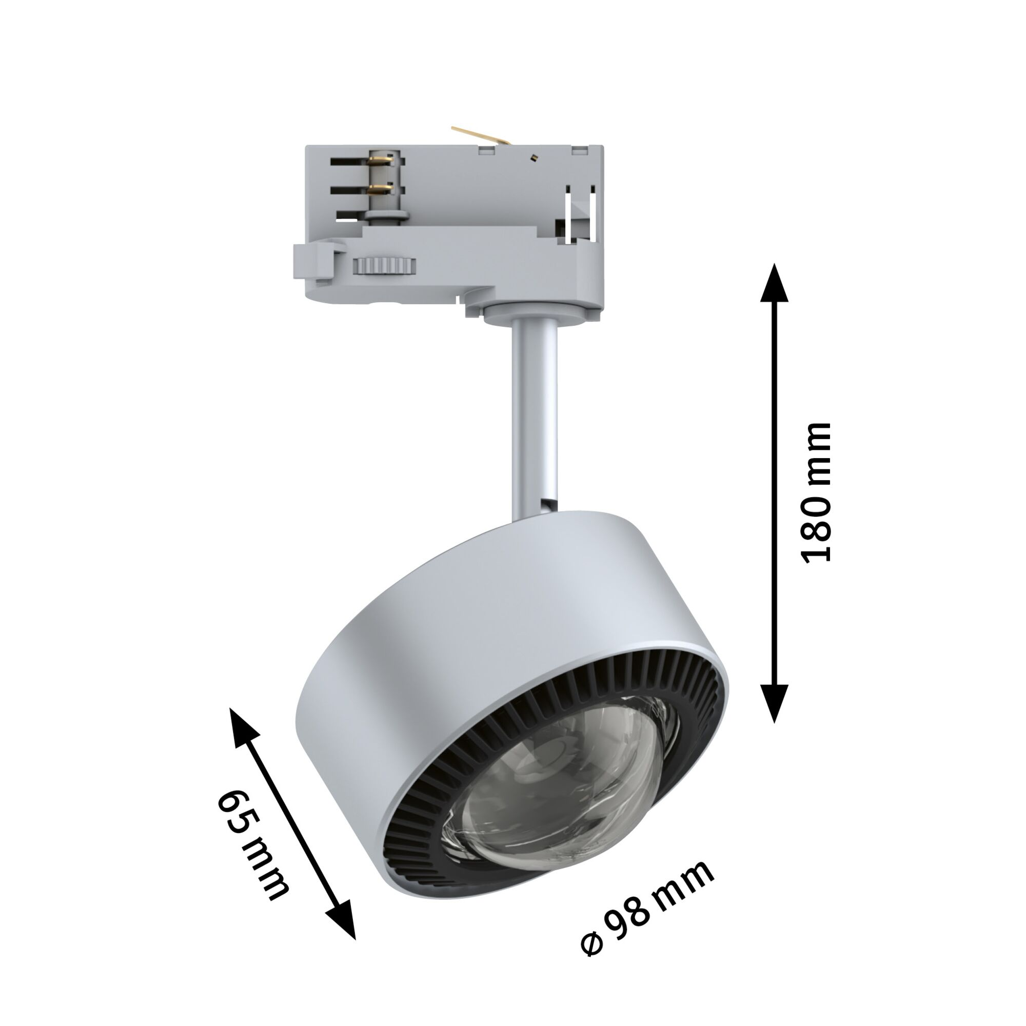 Ein silberner Strahler mit Maßen 65mm, 98mm und 180mm.