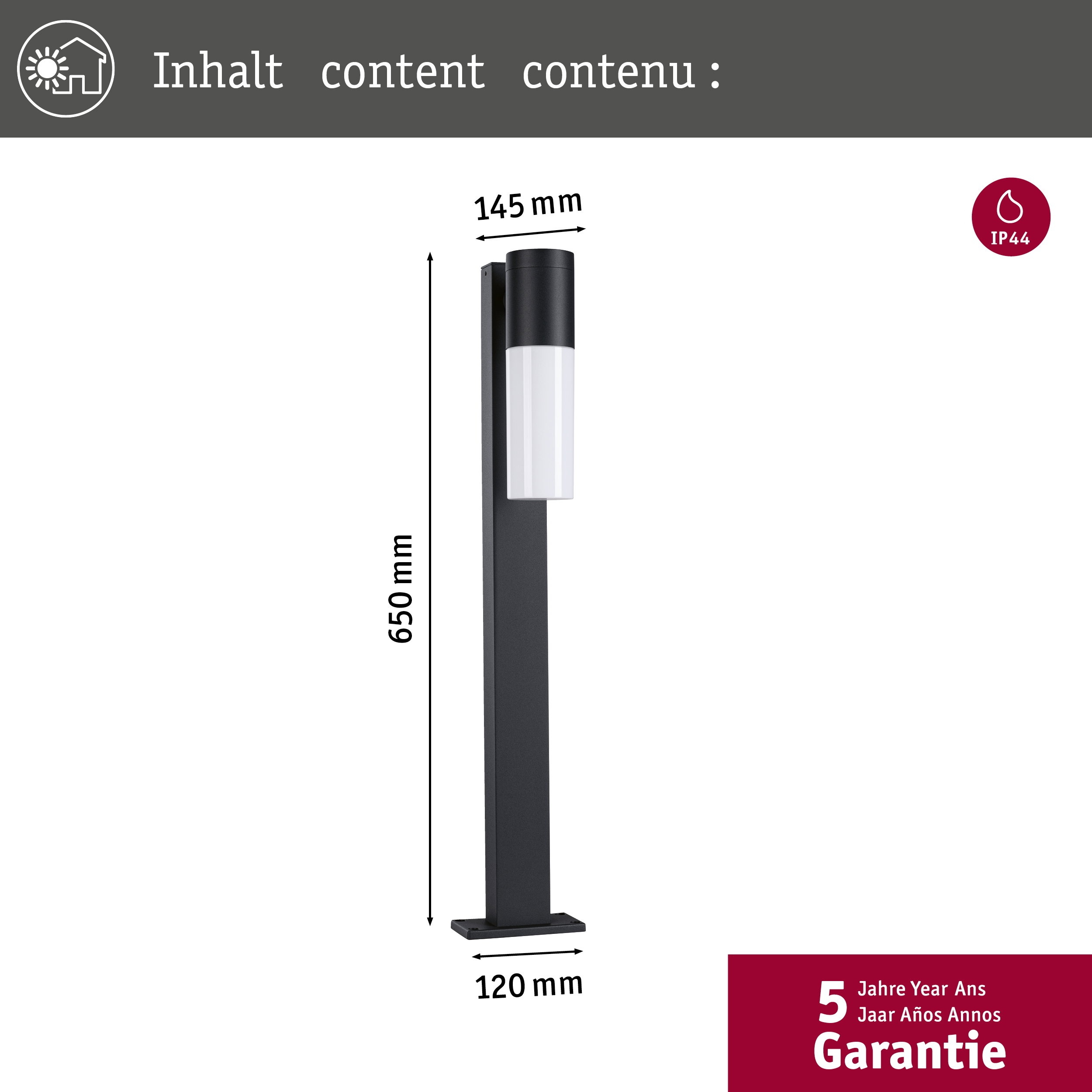 Czarny słup oświetleniowy zewnętrzny o wymiarach 650x145x120 mm i stopniu ochrony IP44.