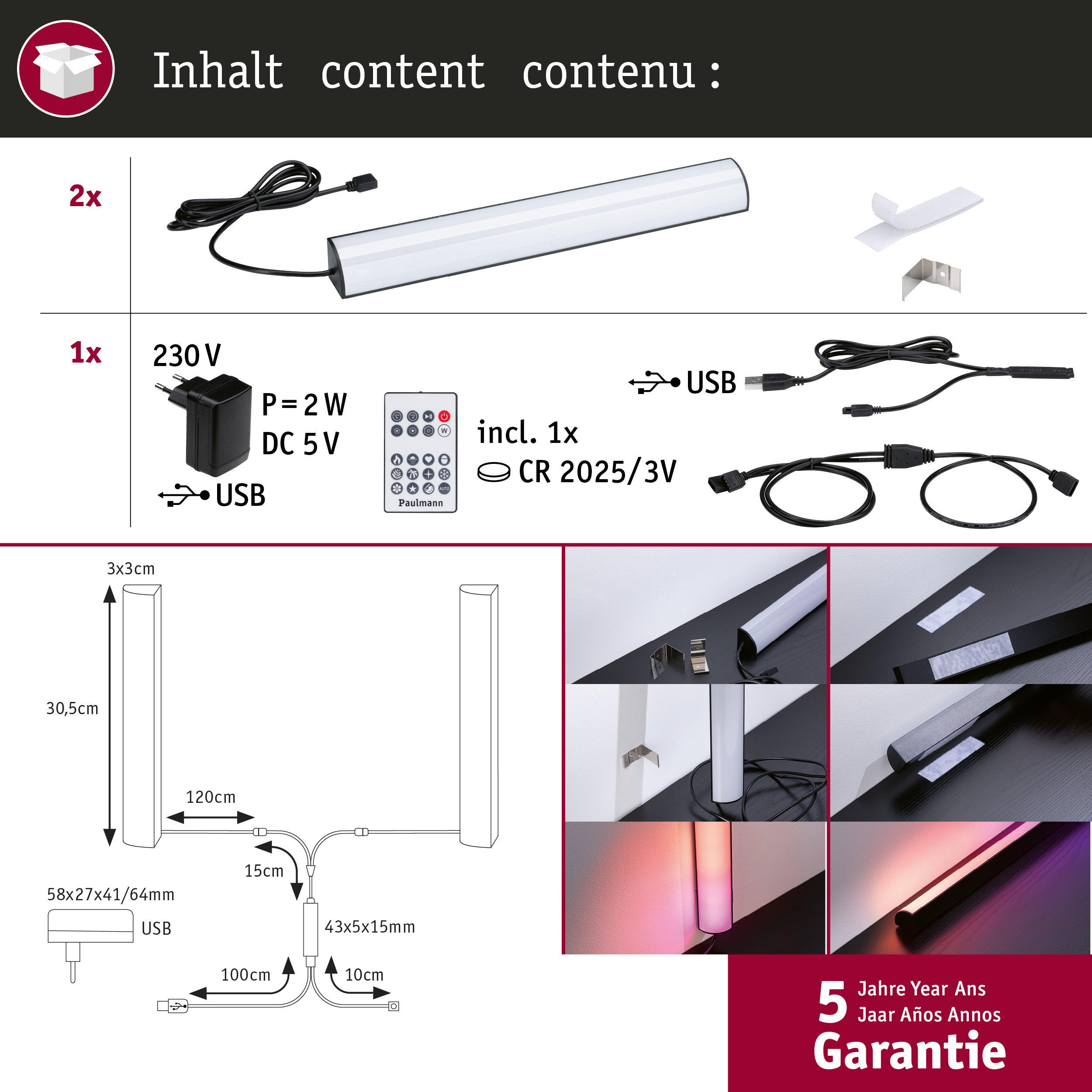 Inhalt einer Verpackung mit Lampe, Netzteil, Fernbedienung, Kabeln und Halterungen.