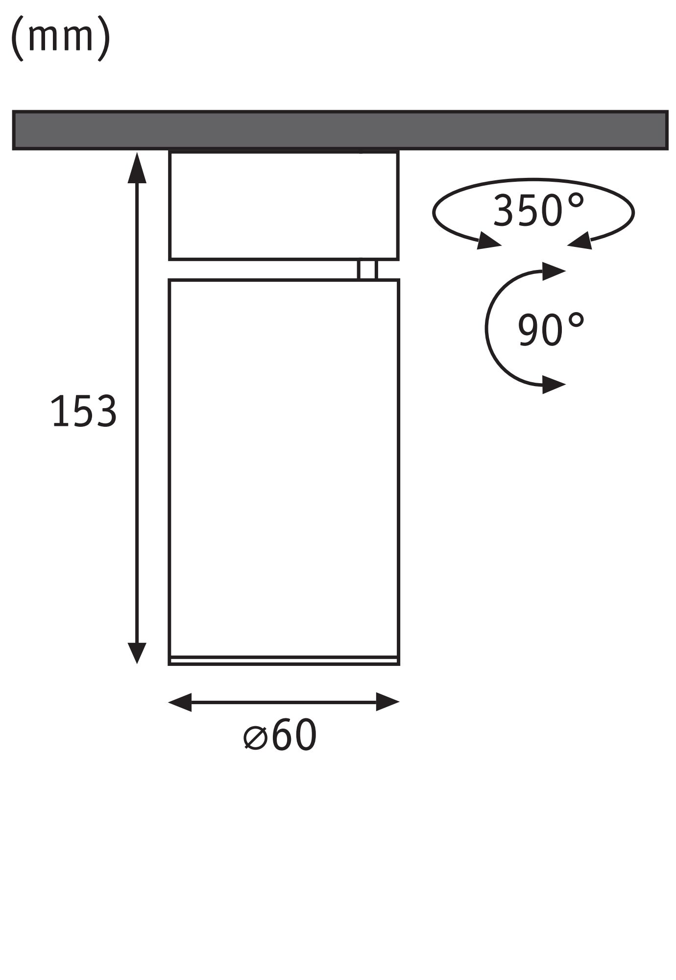 Technische Zeichnung mit Maßen: Länge 153 mm, Durchmesser 60 mm, Drehwinkel 350° und 90°.