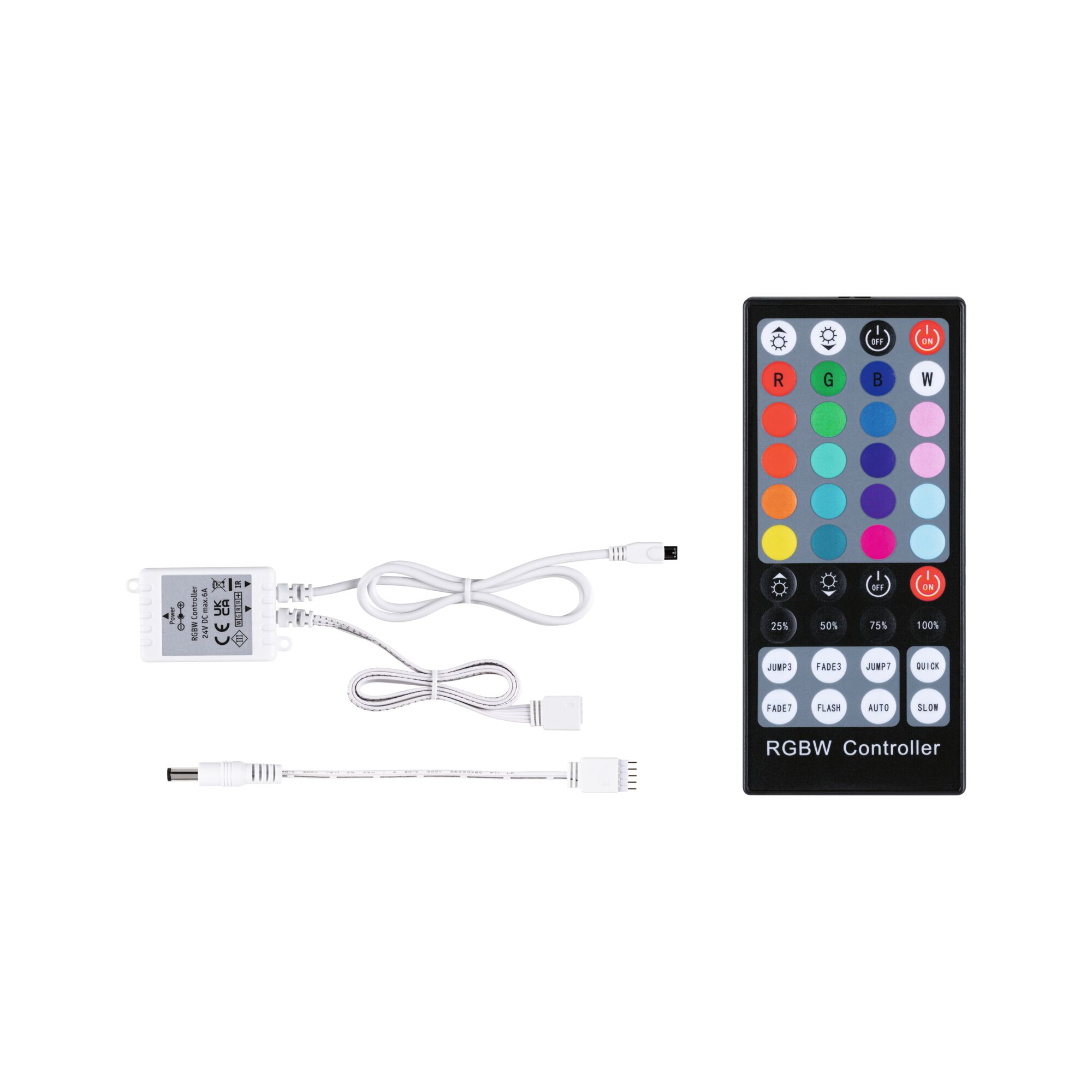 Kontroler RGBW z pilotem i kablami.