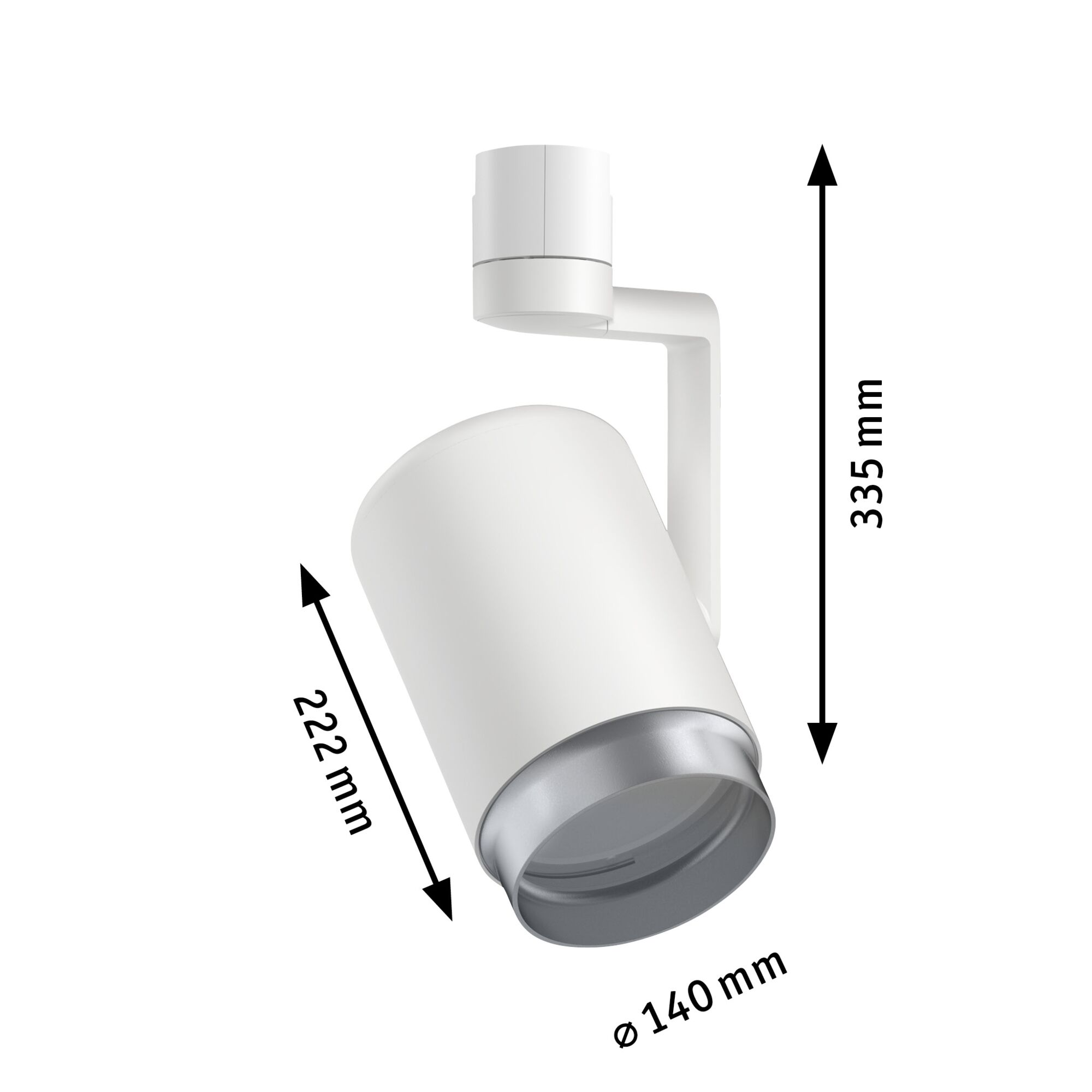 Weiße Schienenleuchte mit silbernem Reflektor. Maße: 335mm hoch, 222mm lang, 140mm Ø.