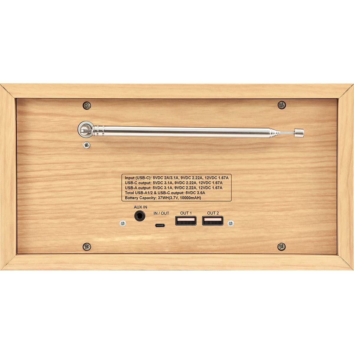 Houten behuizing met uitschuifbare antenne, AUX IN en USB-poorten. Specificaties zichtbaar.