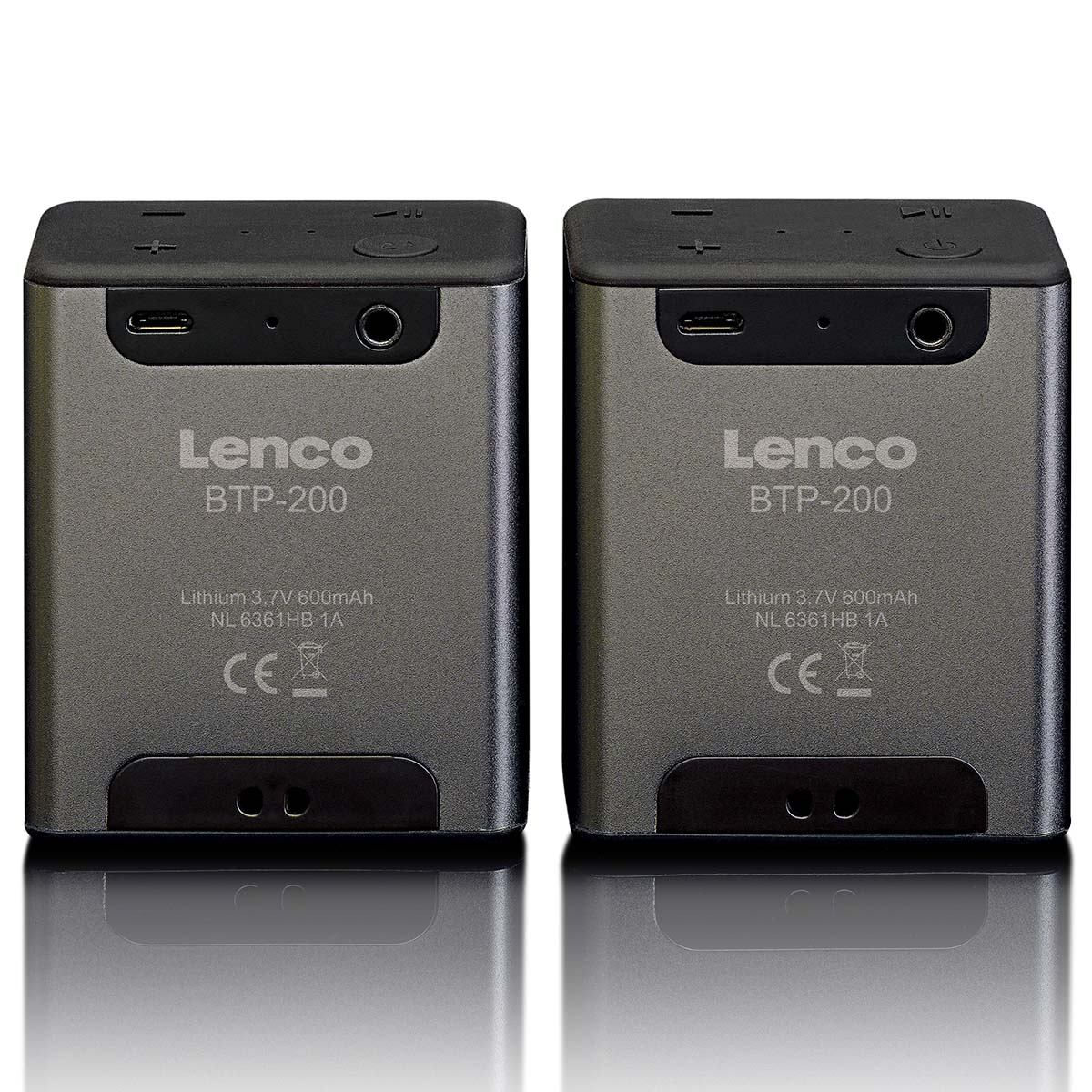 Zwei graue Lenco BTP-200 Akkus nebeneinander mit USB-C und Kopfhöreranschluss.