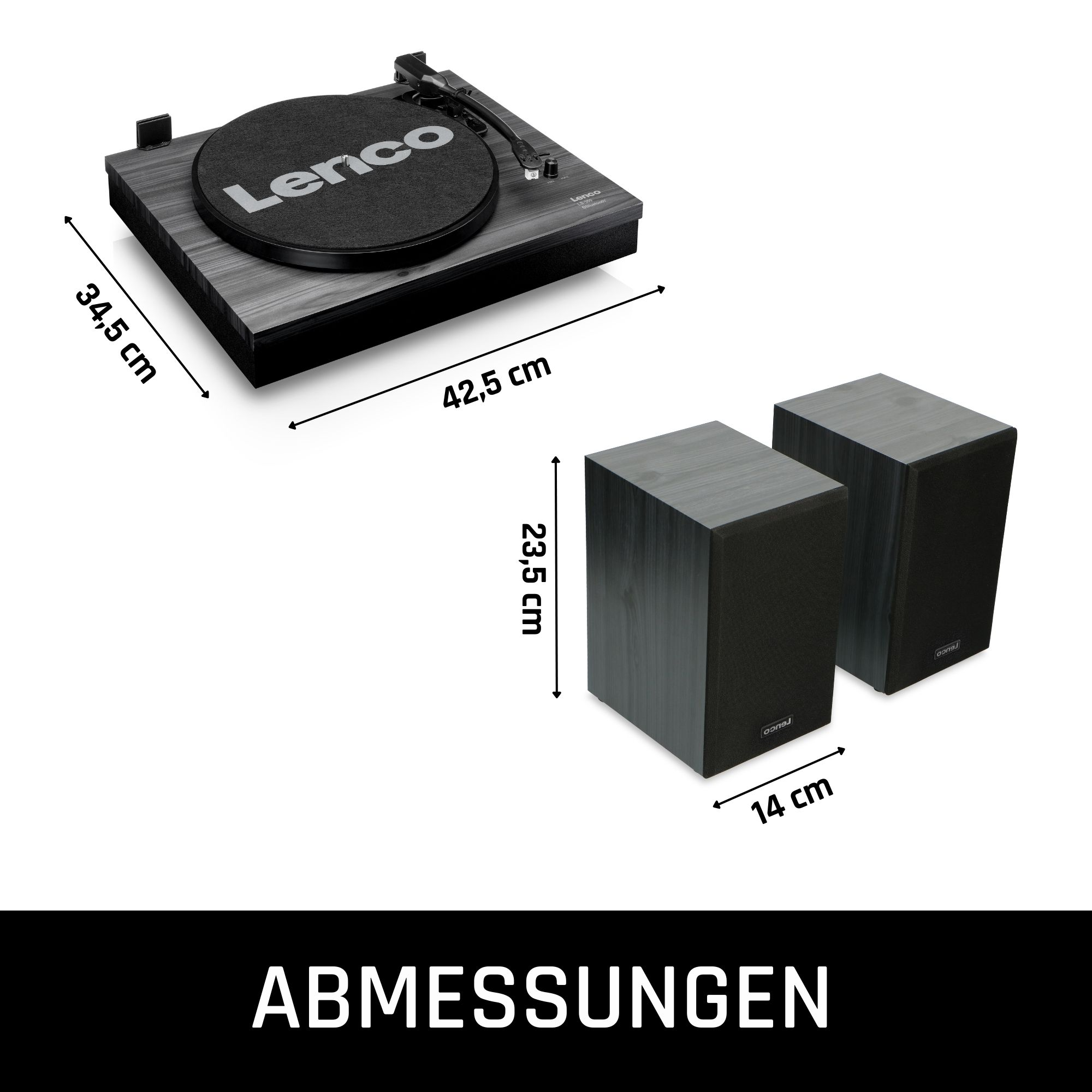 Gramofon i dwa głośniki z wymiarami.