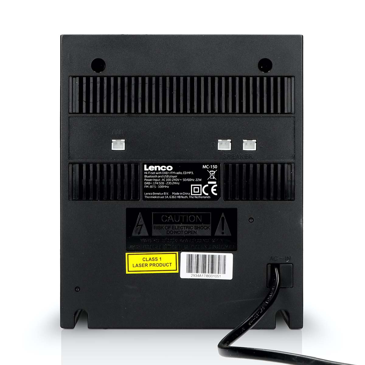 Rückseite eines schwarzen Lenco MC-150 Hi-Fi-Systems mit Warnhinweisen.