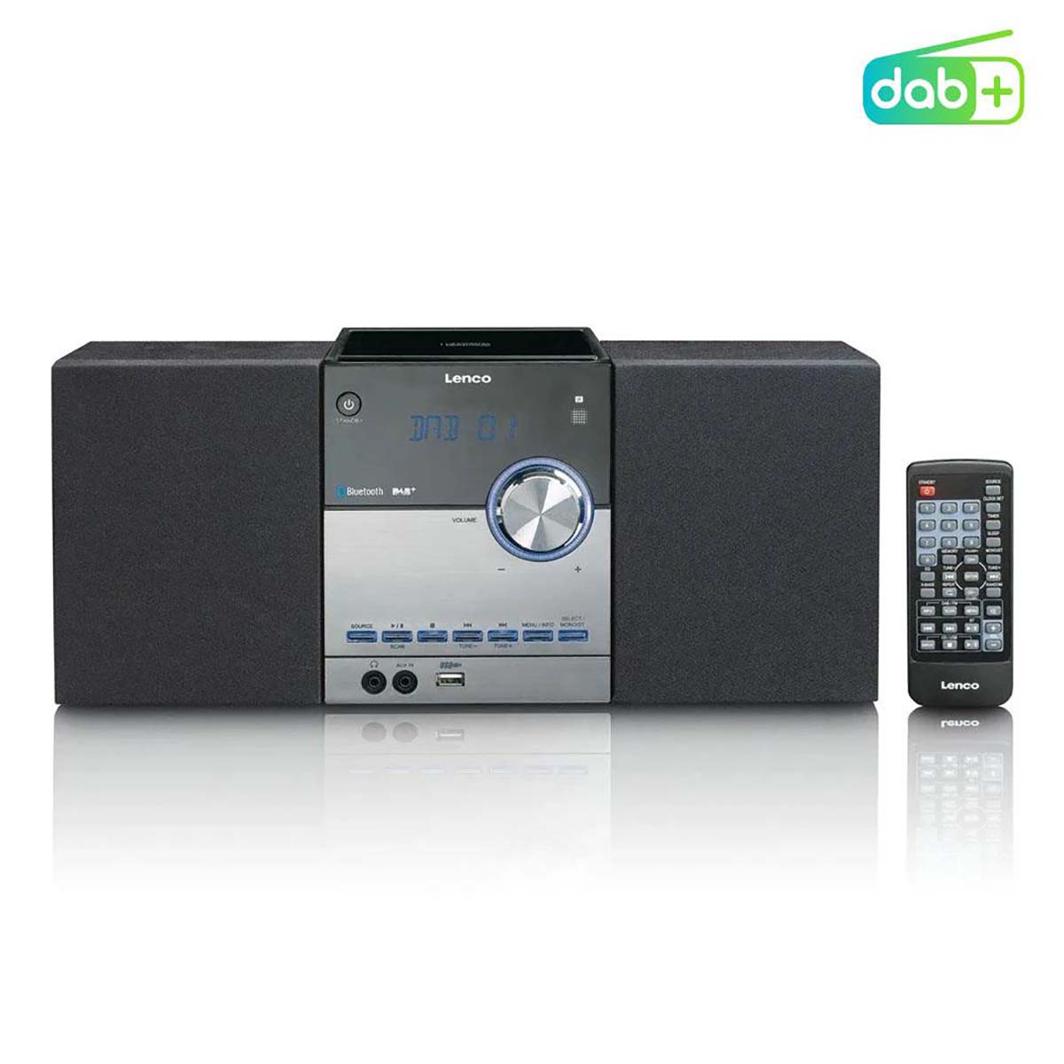 Ein Lenco DAB+ Radio mit Fernbedienung steht auf einer weißen Oberfläche.