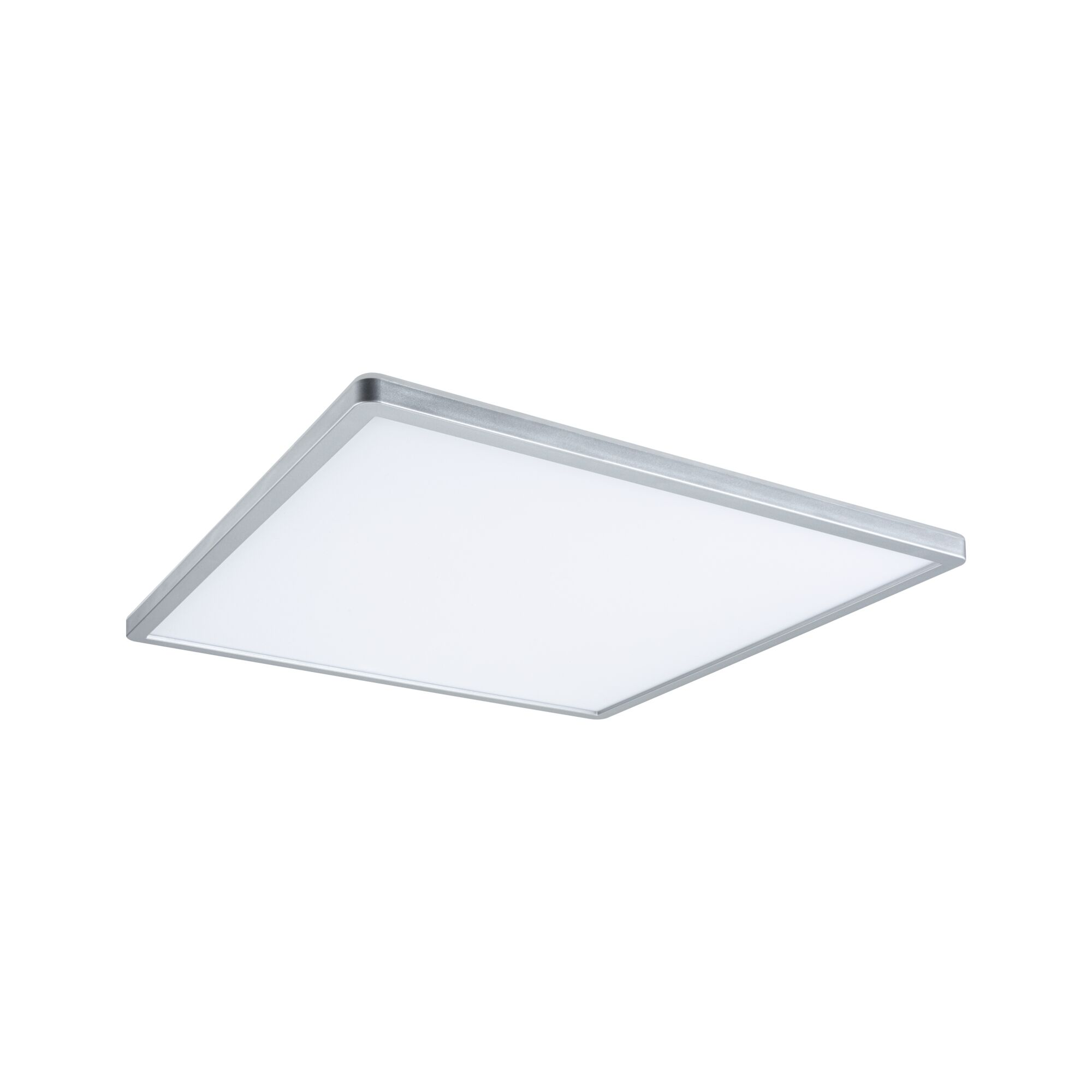Eine rechteckige Deckenleuchte mit silbernem Rahmen und diffuser Lichtfläche.