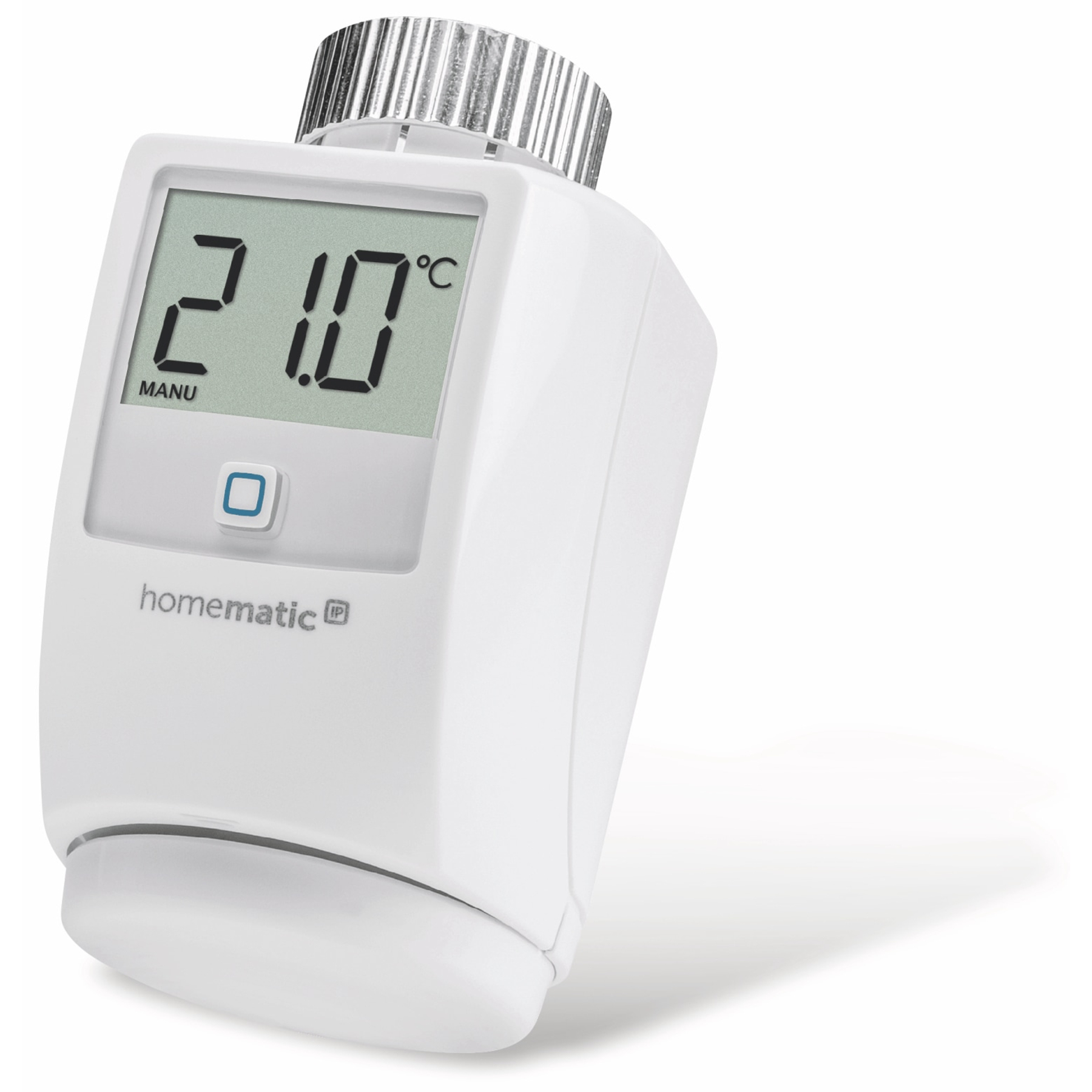 Ein weißer Thermostat mit digitaler Anzeige von 21.0°C.