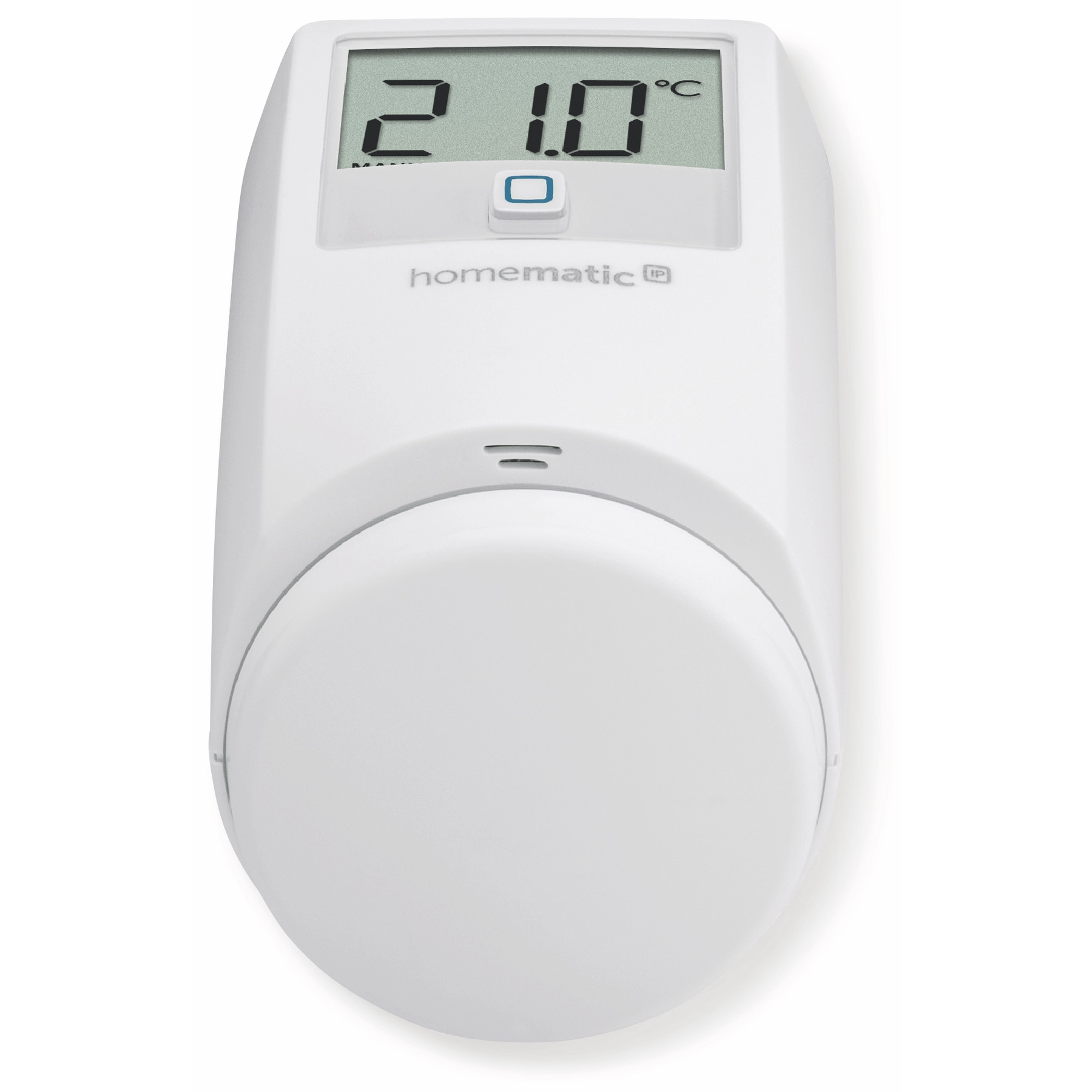 Ein weißes Homematic Thermostat mit digitaler Anzeige, die 21.0°C zeigt.
