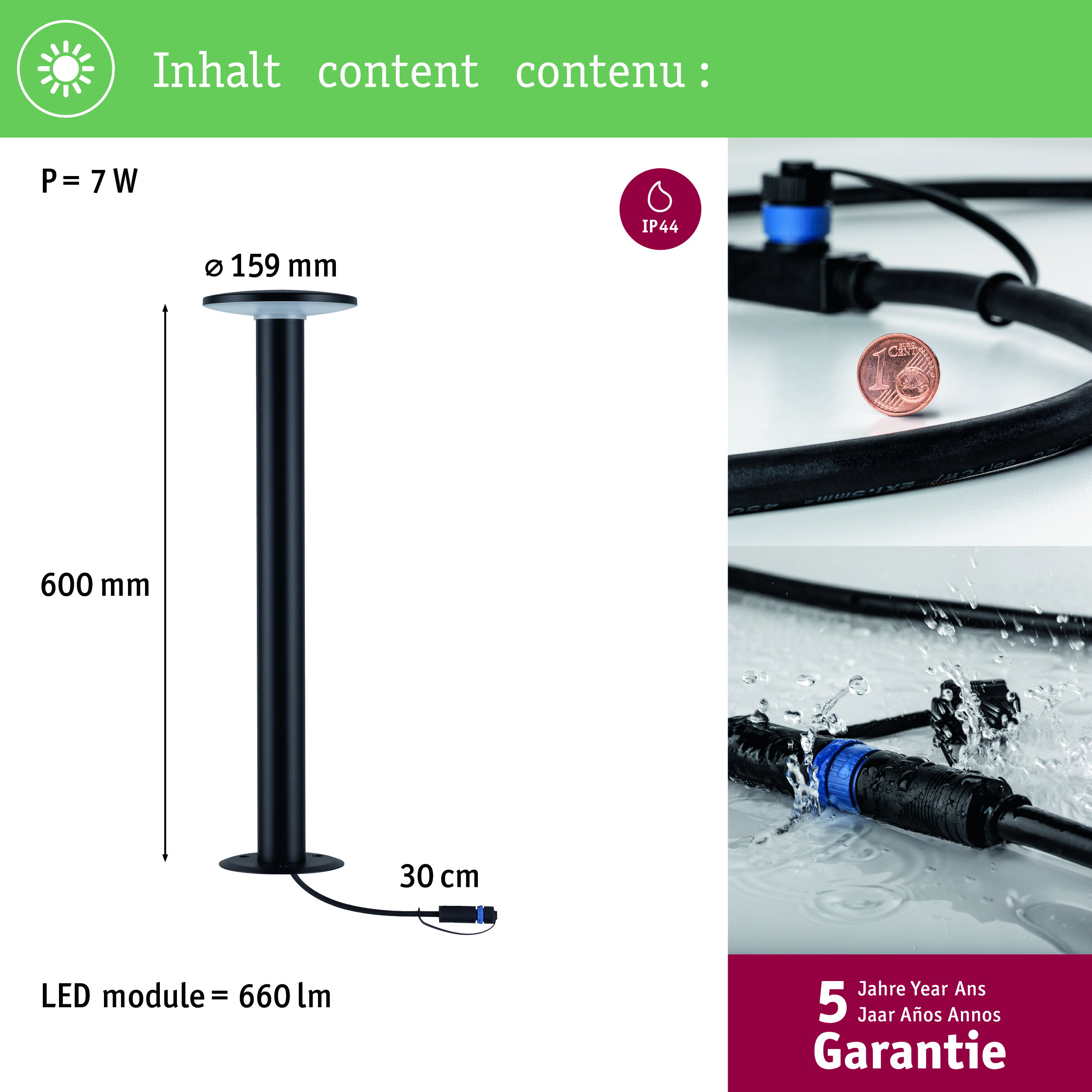 Schwarzer 7W LED-Pfosten (600mm H, 159mm Ø). IP44. Inkl. Kabel.