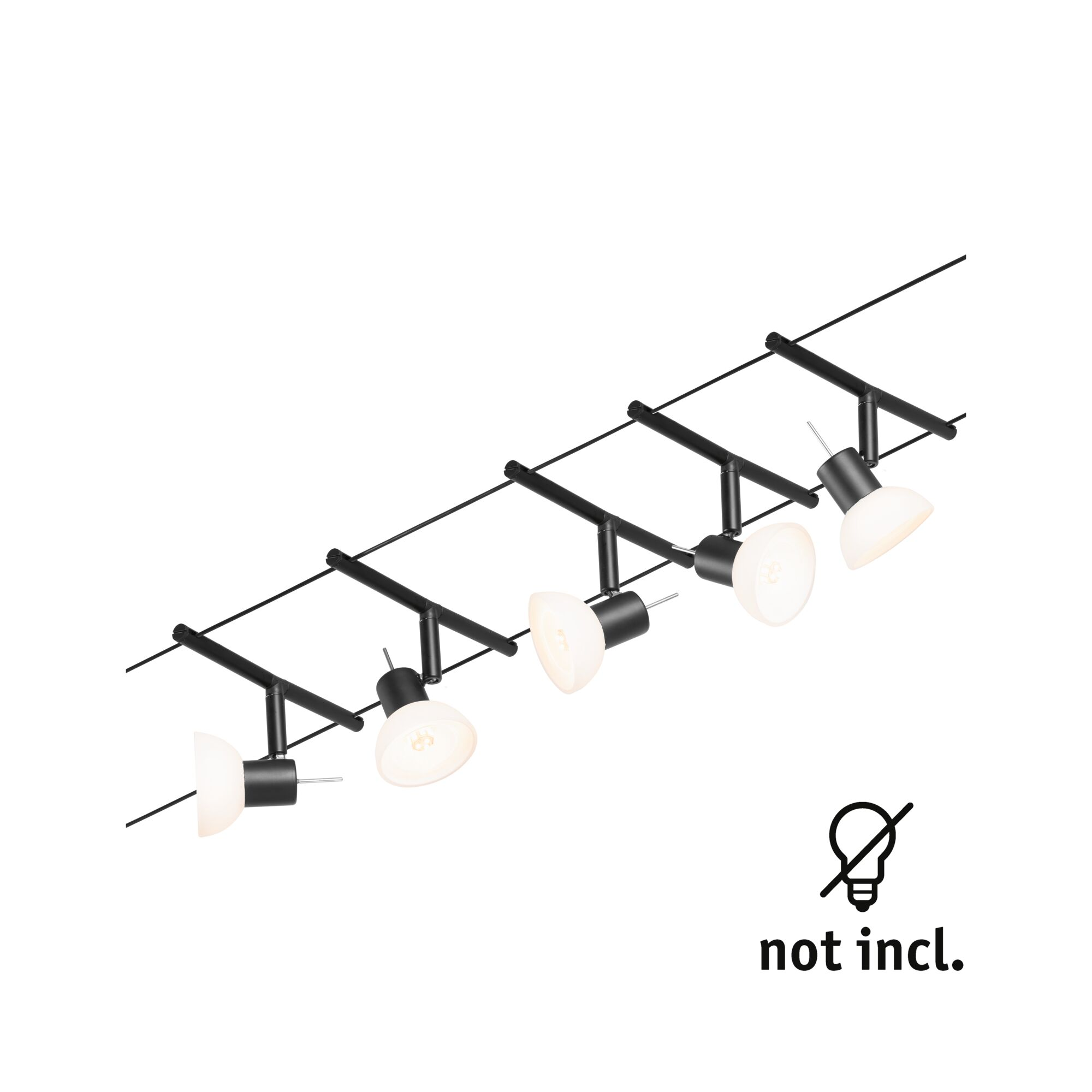 Una lampada da binario nera con sei teste su sfondo bianco. Lampadine non incluse.