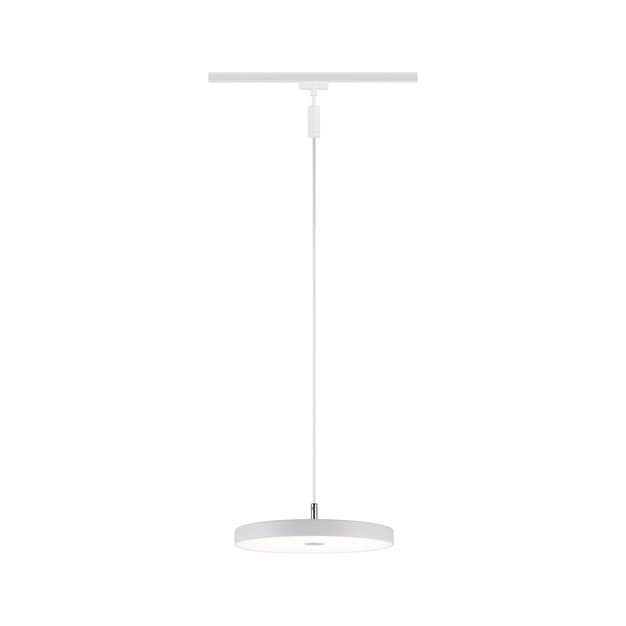 Biała lampa wisząca z płaskim, okrągłym kloszem zwisająca z szyny.