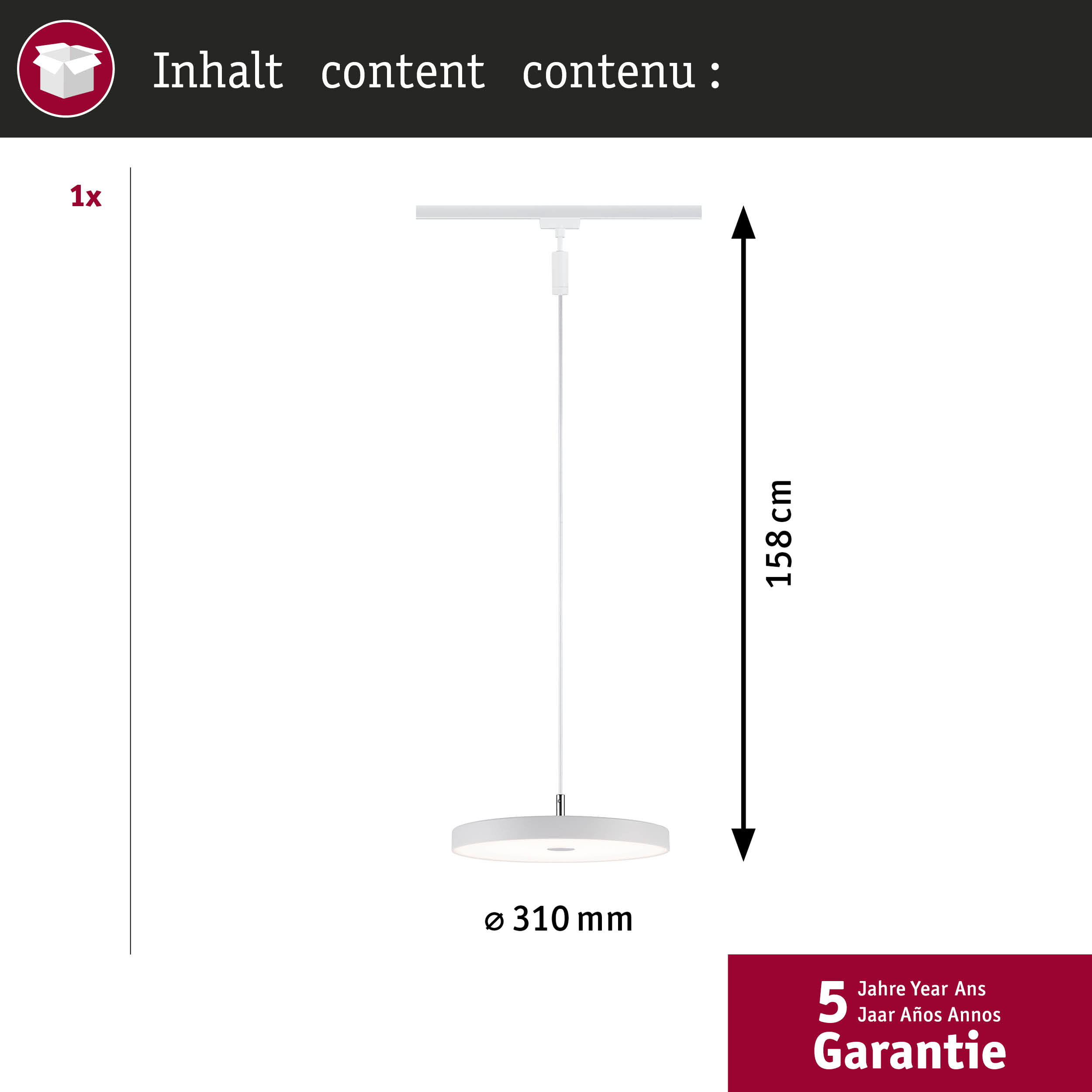 Biała lampa wisząca o średnicy 310 mm i wysokości 158 cm.