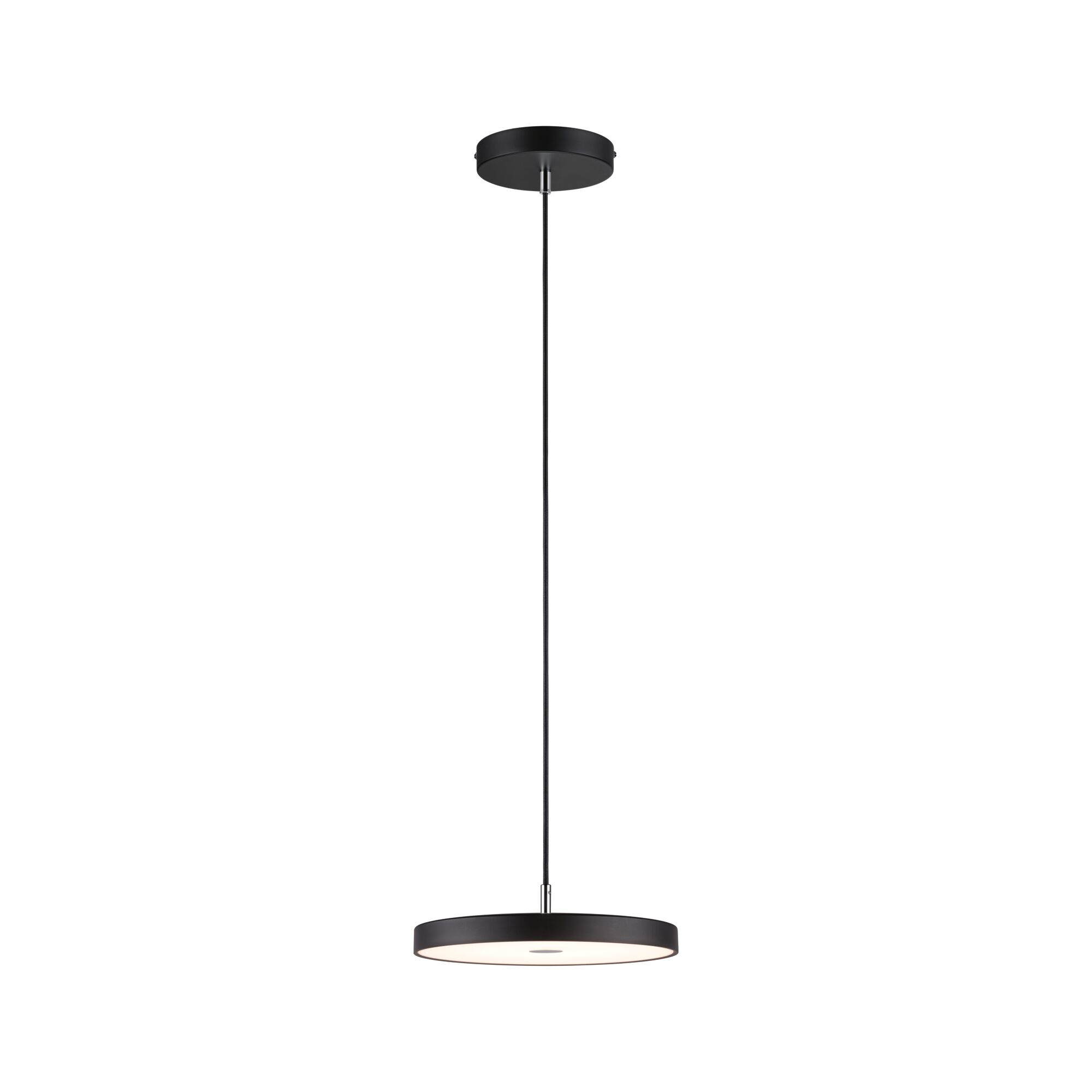 Czarna lampa wisząca z okrągłym kloszem i srebrnym akcentem.