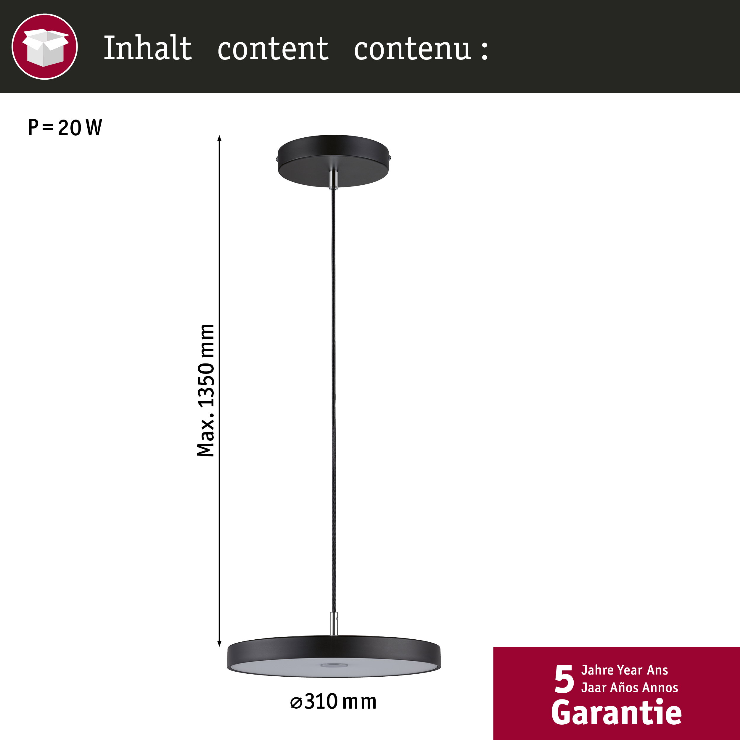 Czarna lampa wisząca o średnicy 310 mm, maks. wysokość 1350 mm.