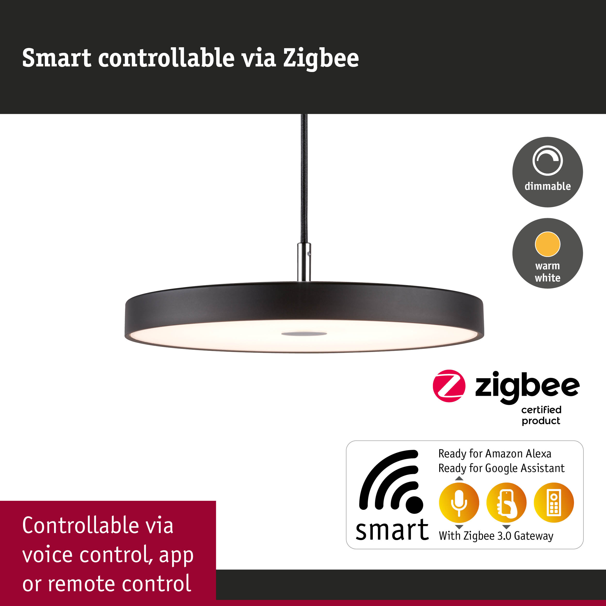 Ściemniana, ciepła biała lampa wisząca, sterowana przez Zigbee.