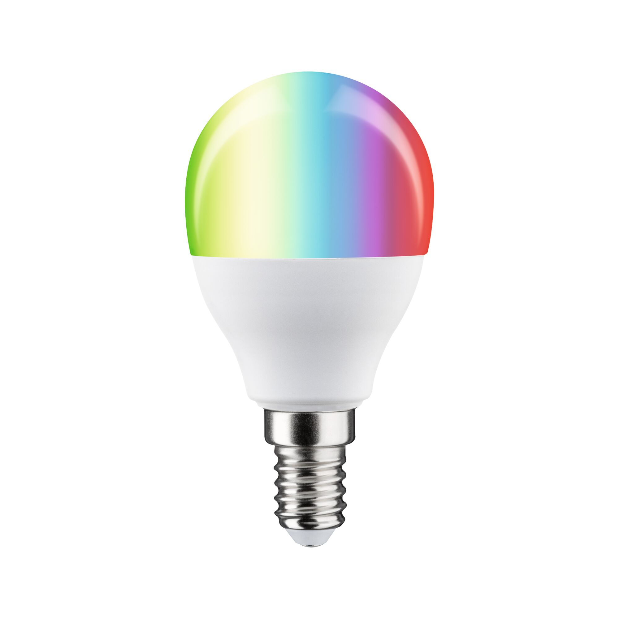 Eine weiße Glühbirne mit einem Regenbogenmuster aus Farben auf dem Glaskolben.
