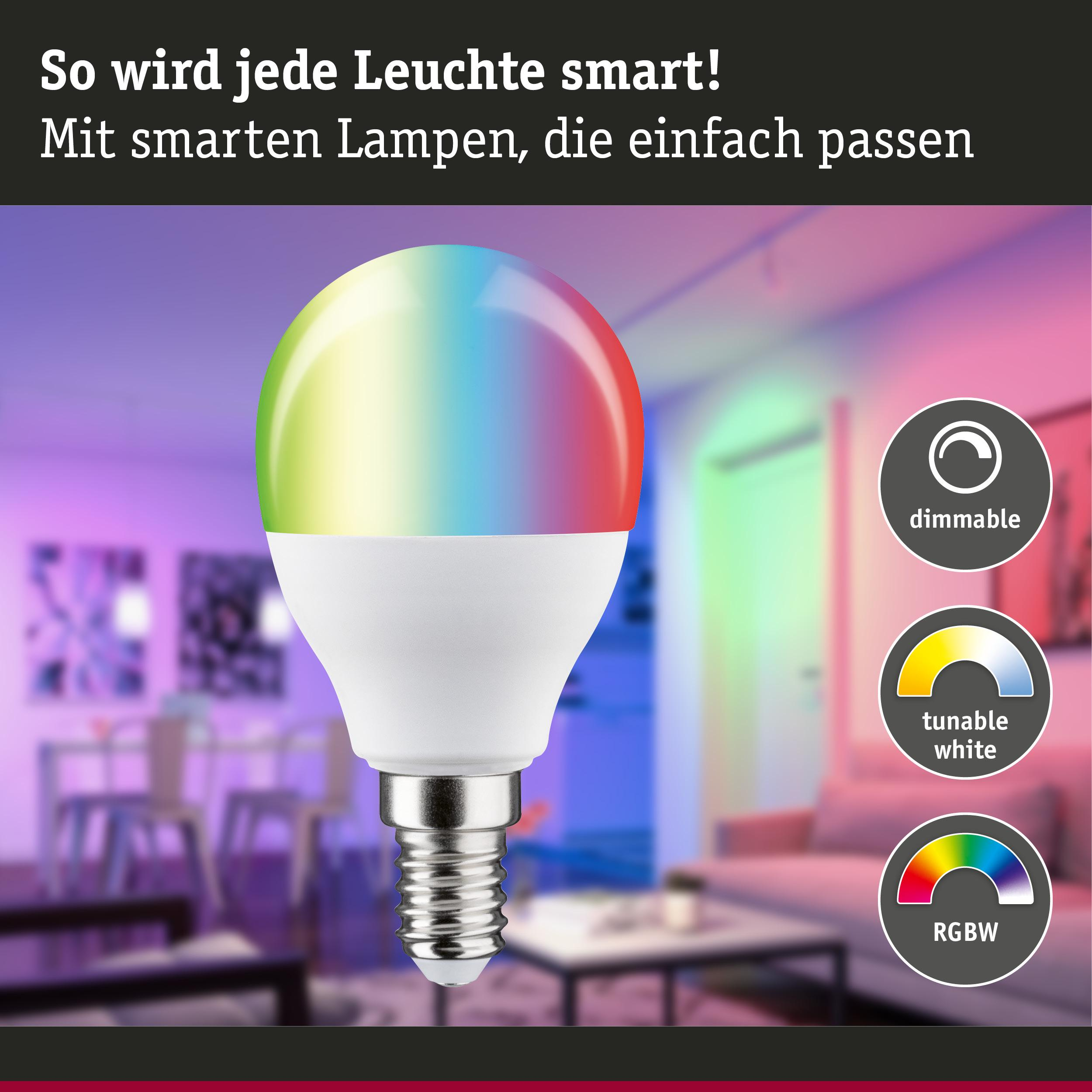 Eine smarte LED-Lampe mit RGBW-Farben, dimmbar und einstellbar.