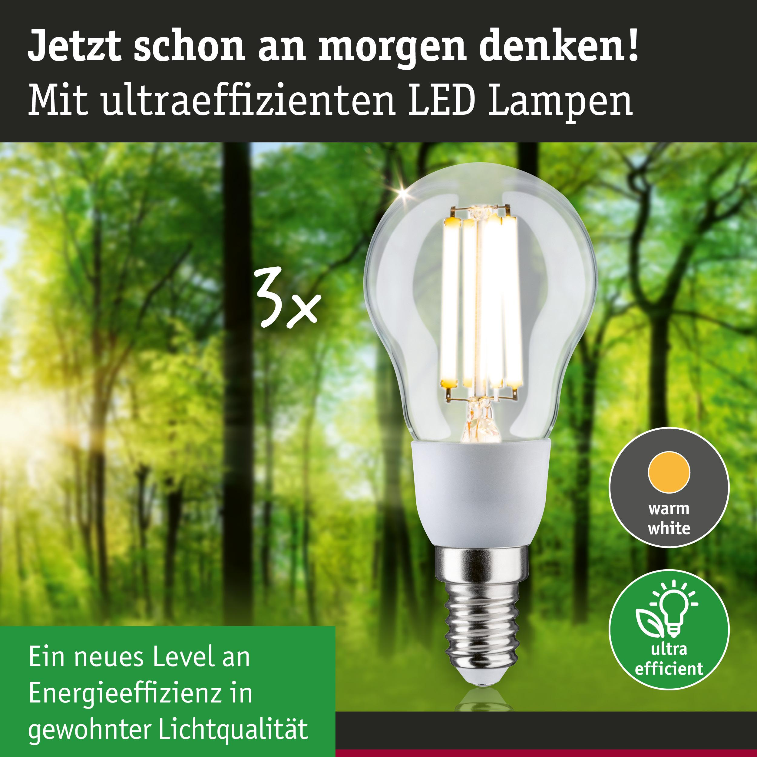 Eine LED-Lampe mit warmweißem Licht steht vor einem unscharfen Wald. "3x ultraeffizient".