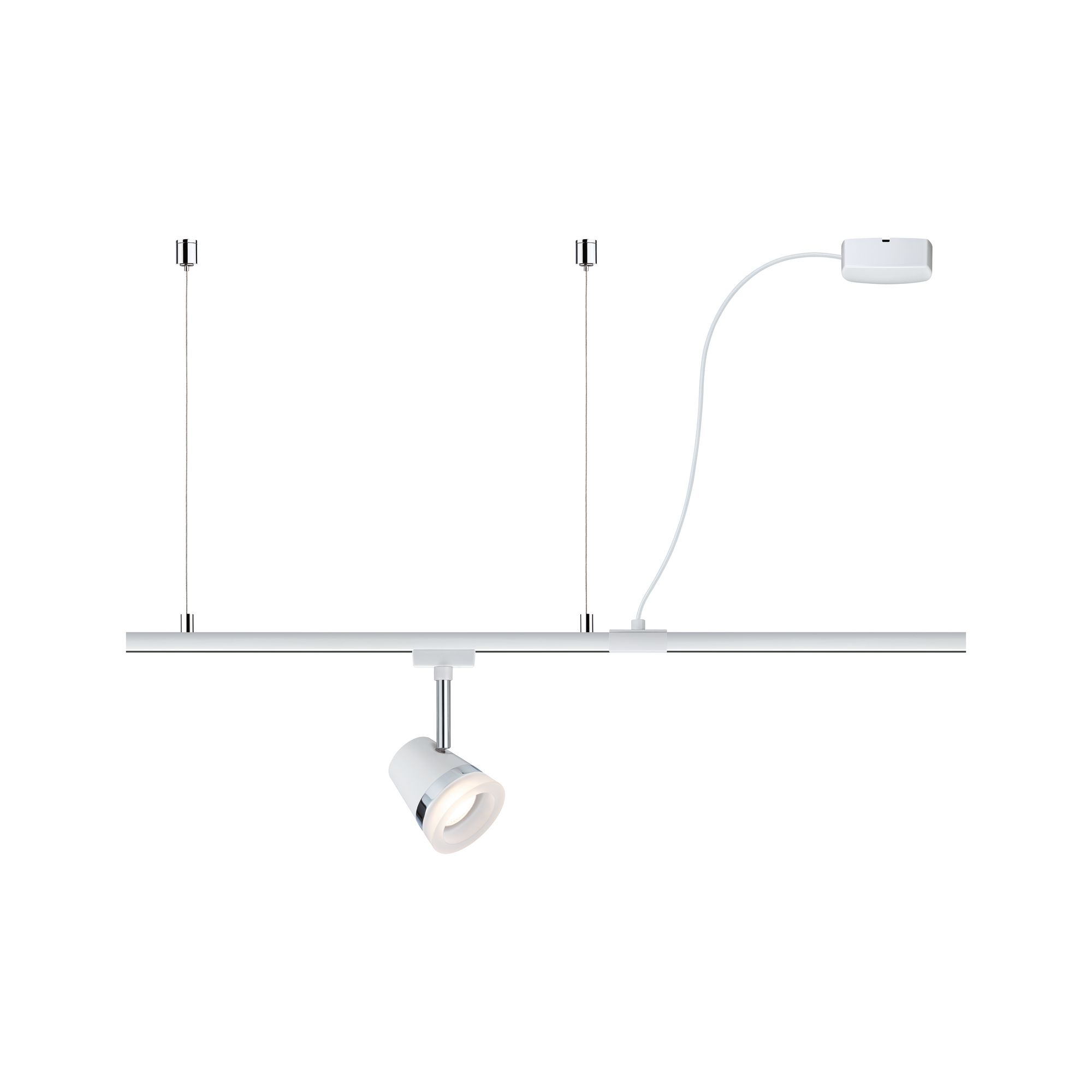 Ein weißer Schienenstrahler mit Kabel und Netzteil auf weißem Grund.
