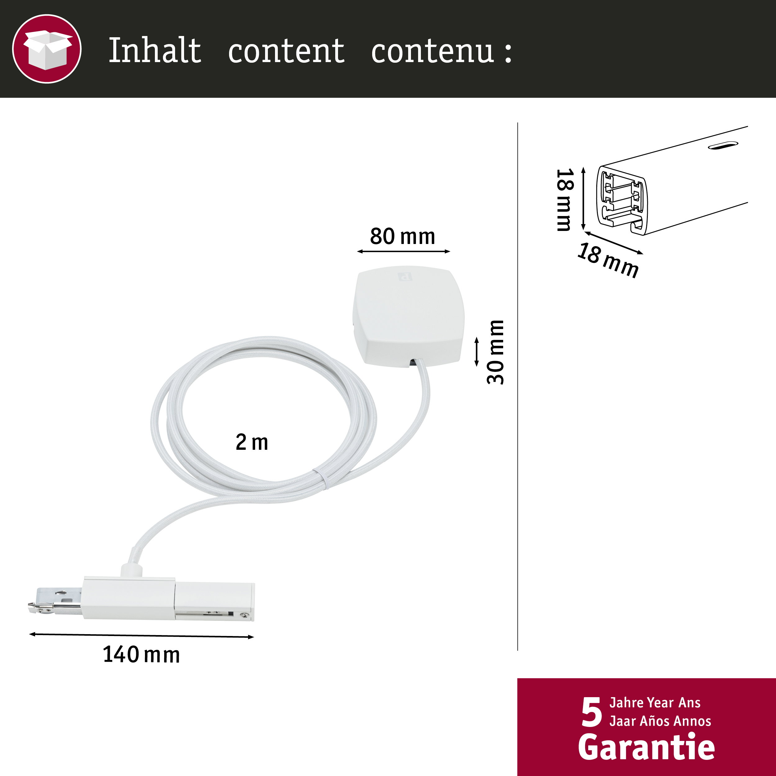Ein weißes Gerät mit Kabel, Maße 80x30mm, 2m Kabel, 140mm Stecker.