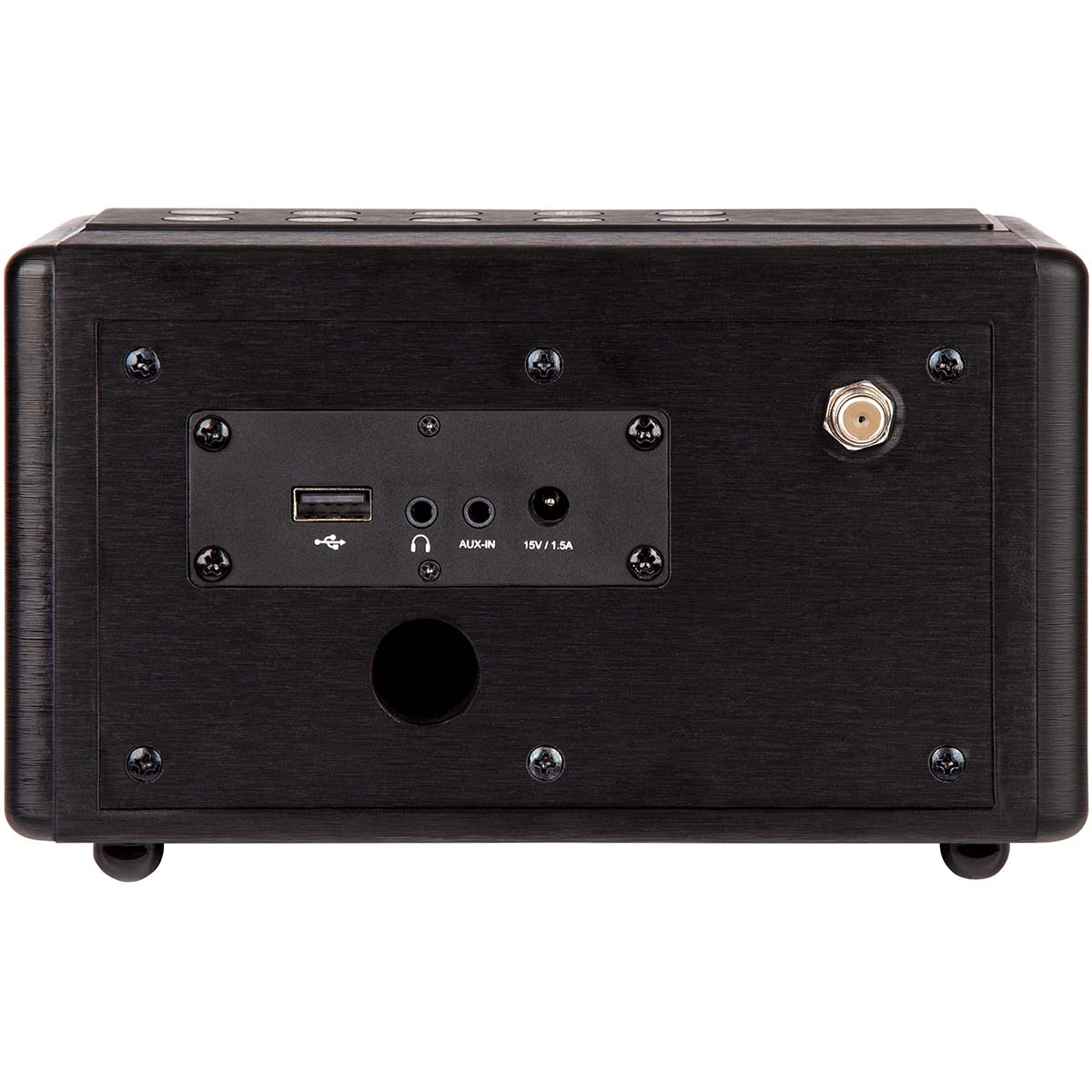 Rückseite eines schwarzen Lautsprechers mit Anschlüssen: USB, Aux-In, 15V/1.5A und Antenne.