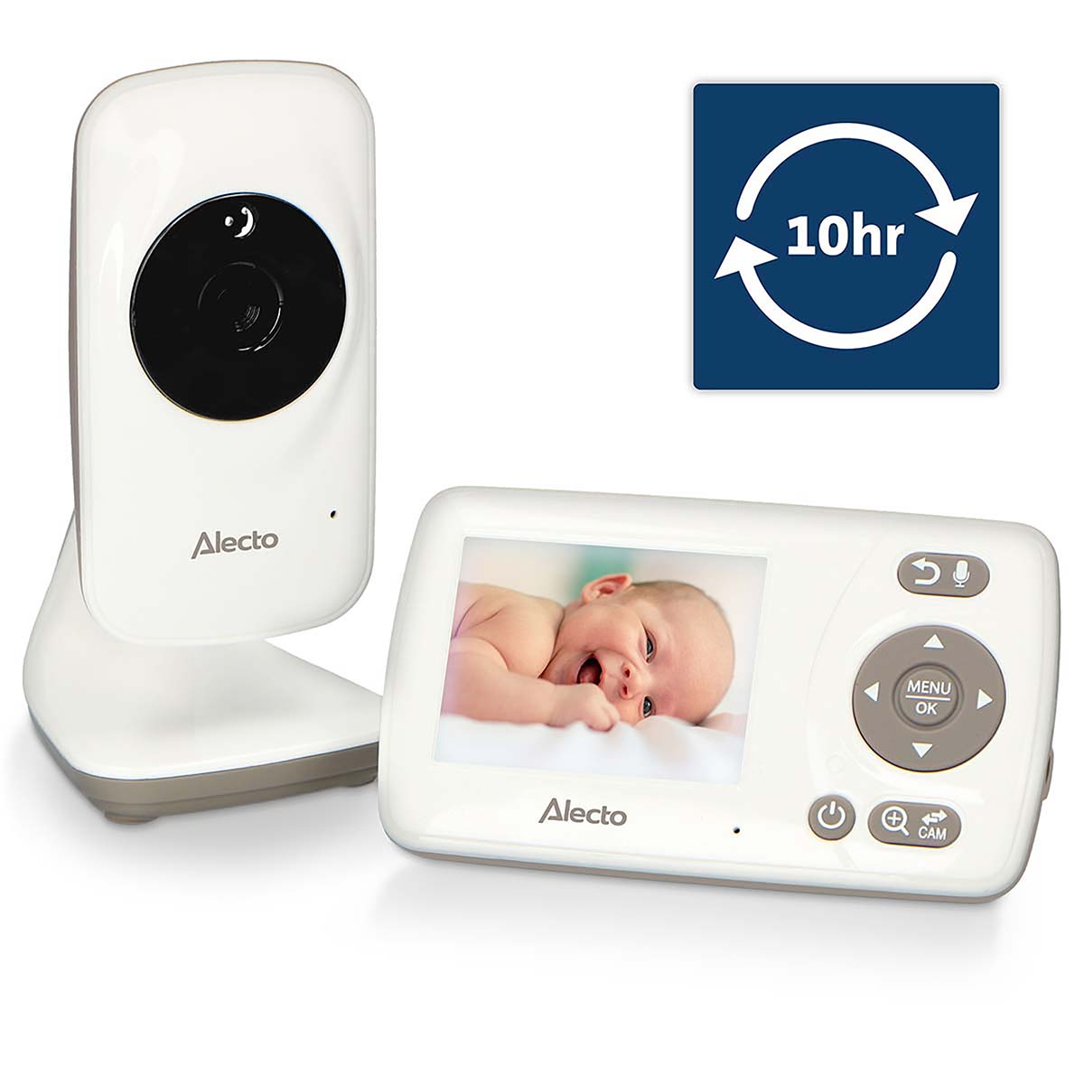A white baby monitor set with camera and screen showing a baby. Icon indicates 10 hours.