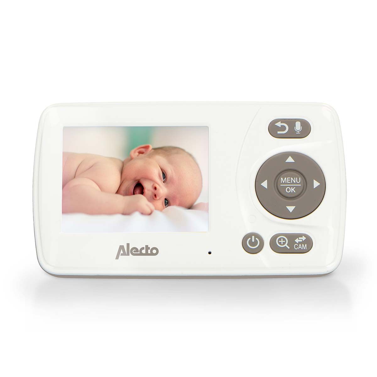 White baby monitor with screen showing a smiling baby. Buttons are gray.