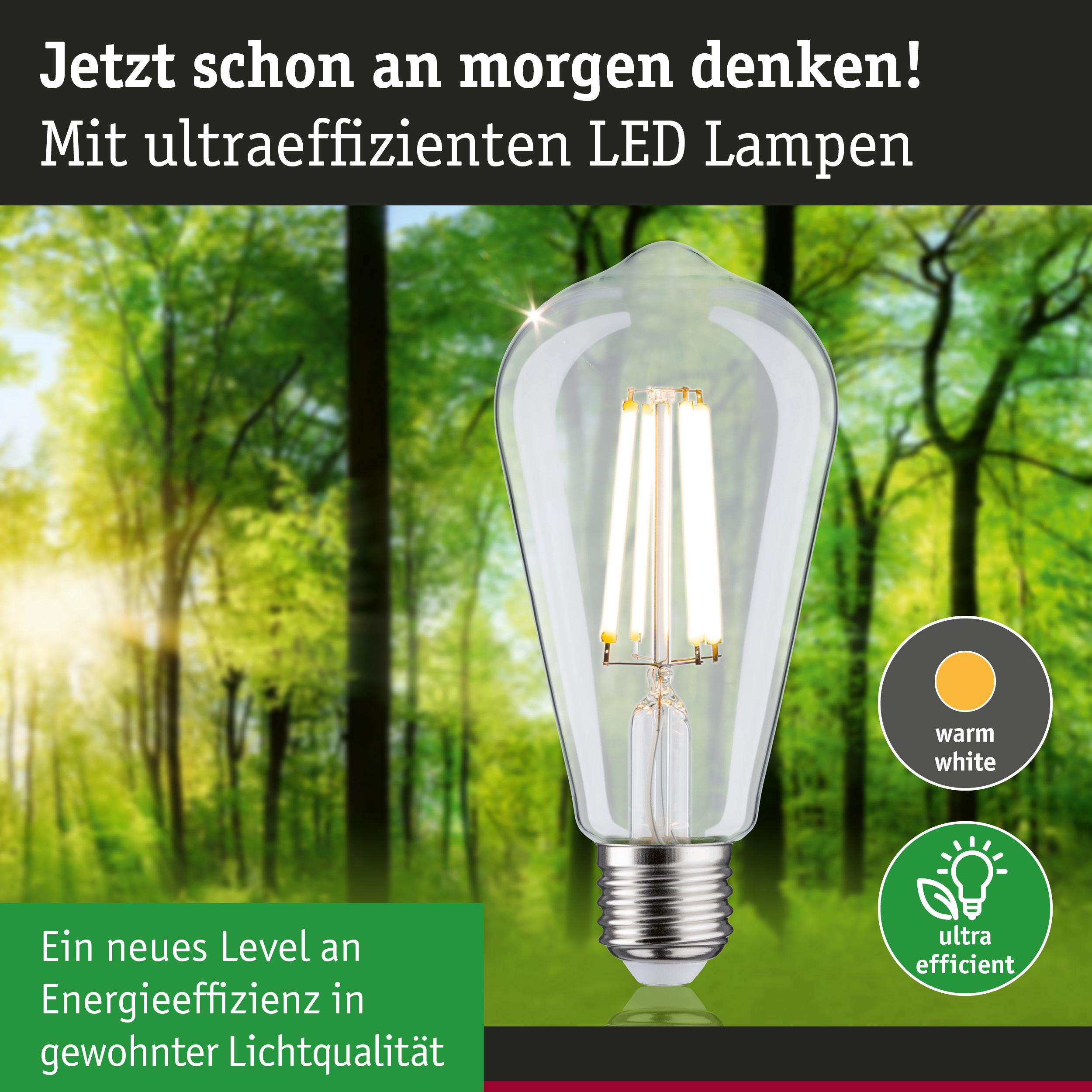 Eine LED-Lampe mit warmweißem Licht steht vor einem verschwommenen Wald.