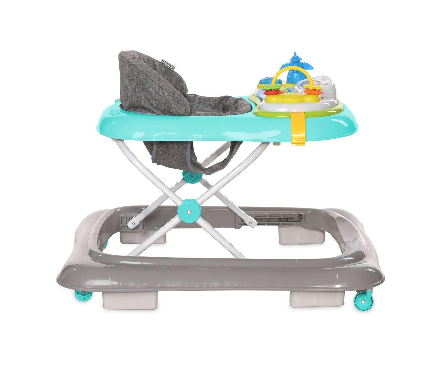 Ein Baby-Gehfrei mit grauem Sitz, türkisfarbenem Tablett und Spielzeug auf weißem Hintergrund.
