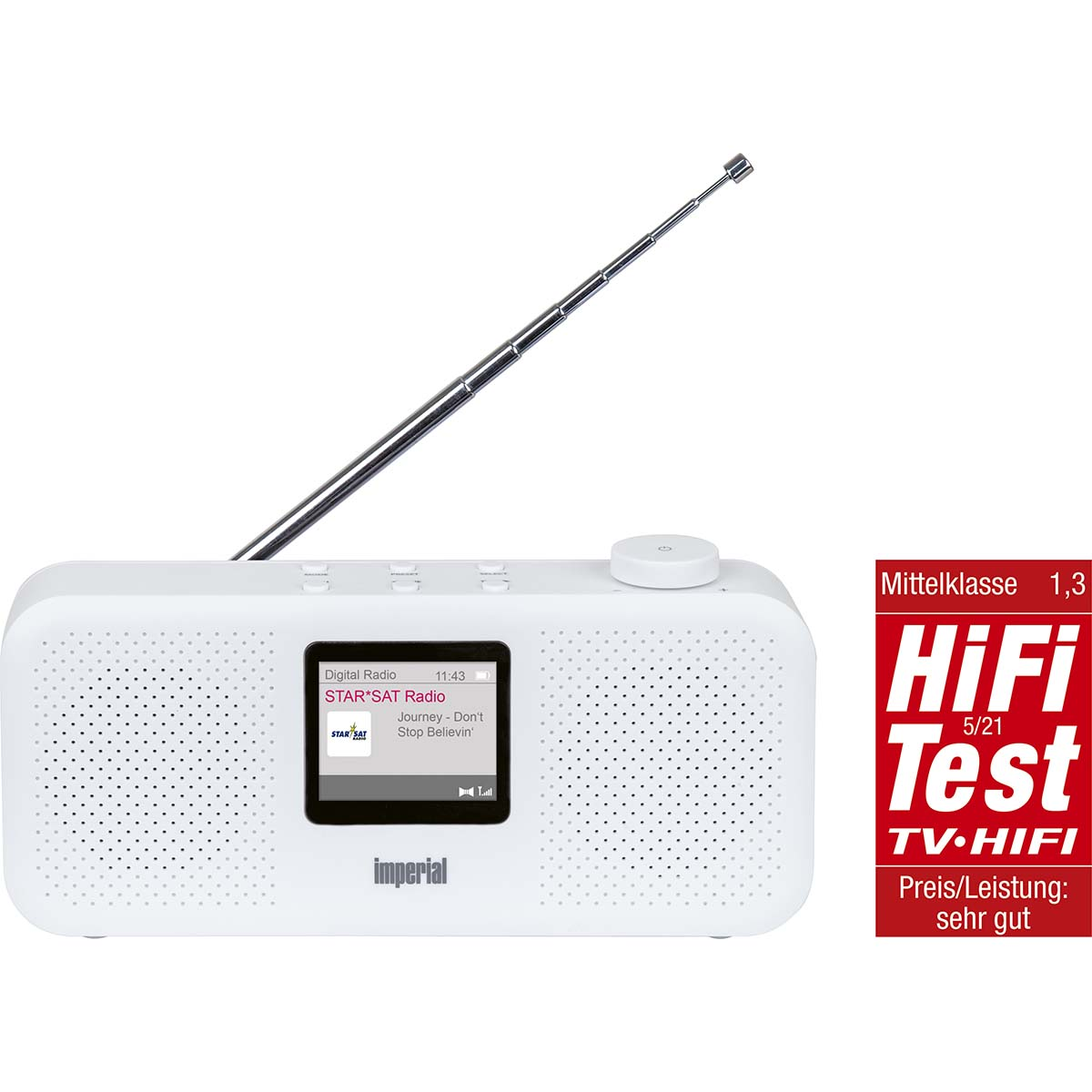 A white digital radio with an extended antenna and a screen.