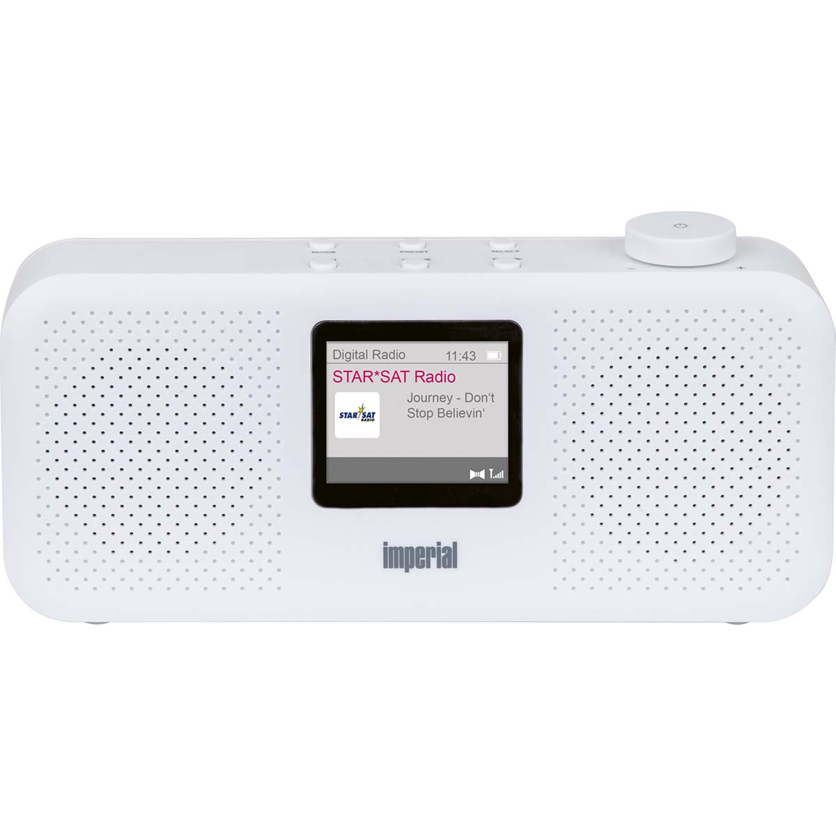 White digital radio with display showing STAR*SAT Radio and Journey.
