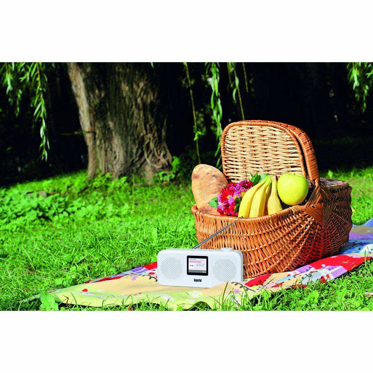 Picnic basket with fruit, bread, and flowers on a blanket next to a radio.