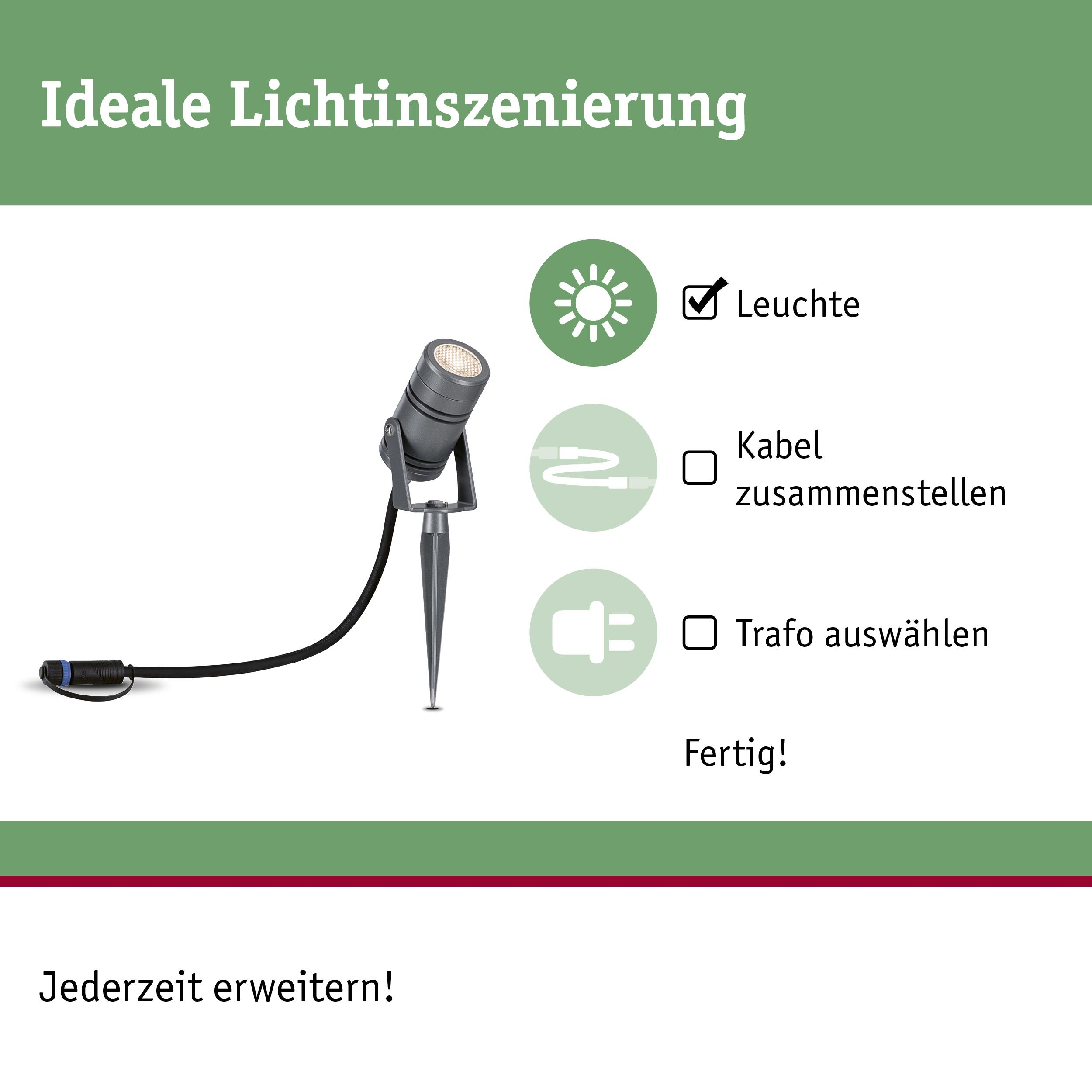 Eine Gartenleuchte mit Kabel und Symbolen für Montage und Trafo.