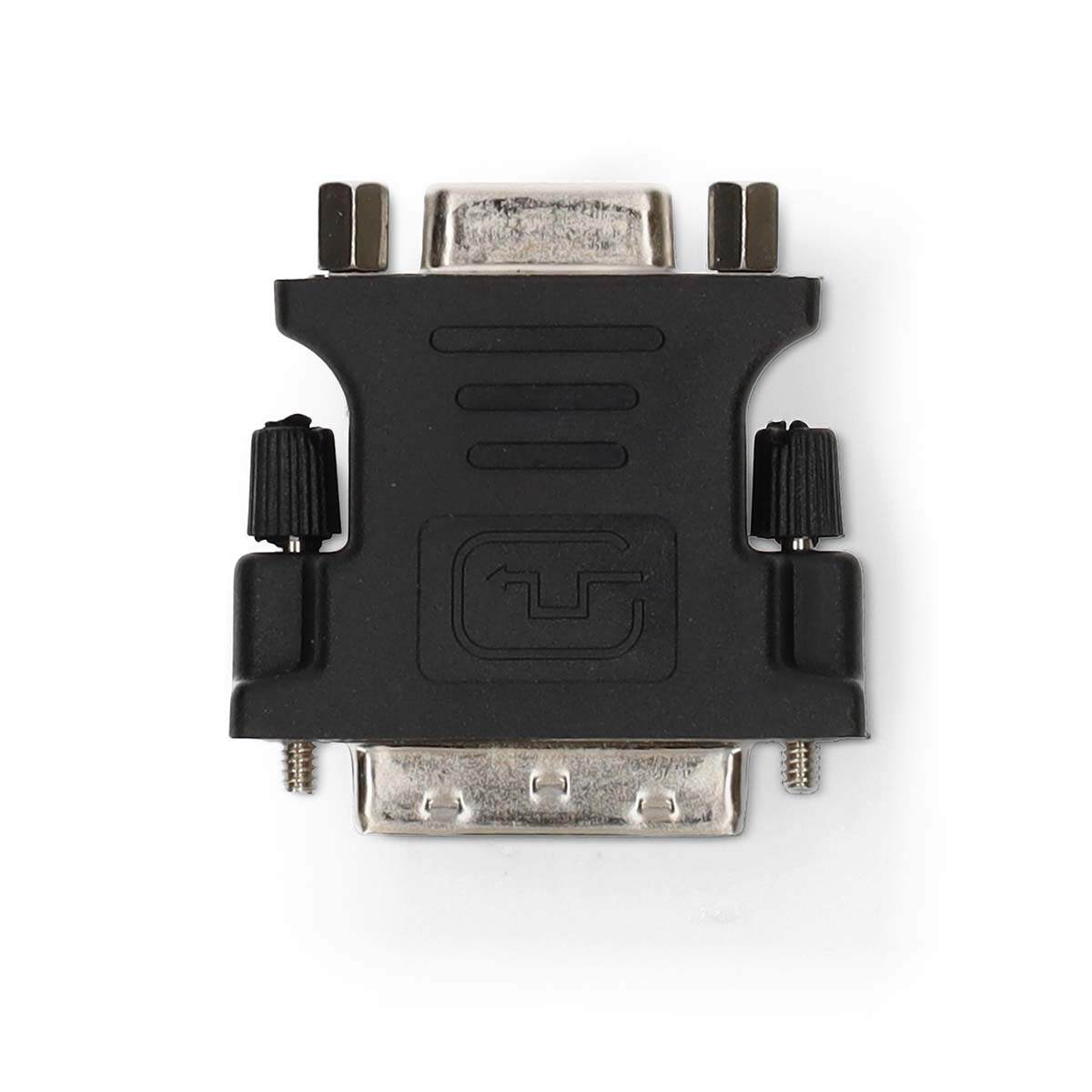 Adattatore DVI a VGA nero con due viti e due porte.