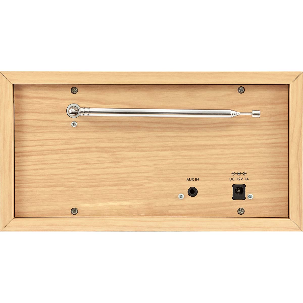 Wooden radio back with extendable antenna, aux input, and DC power jack.