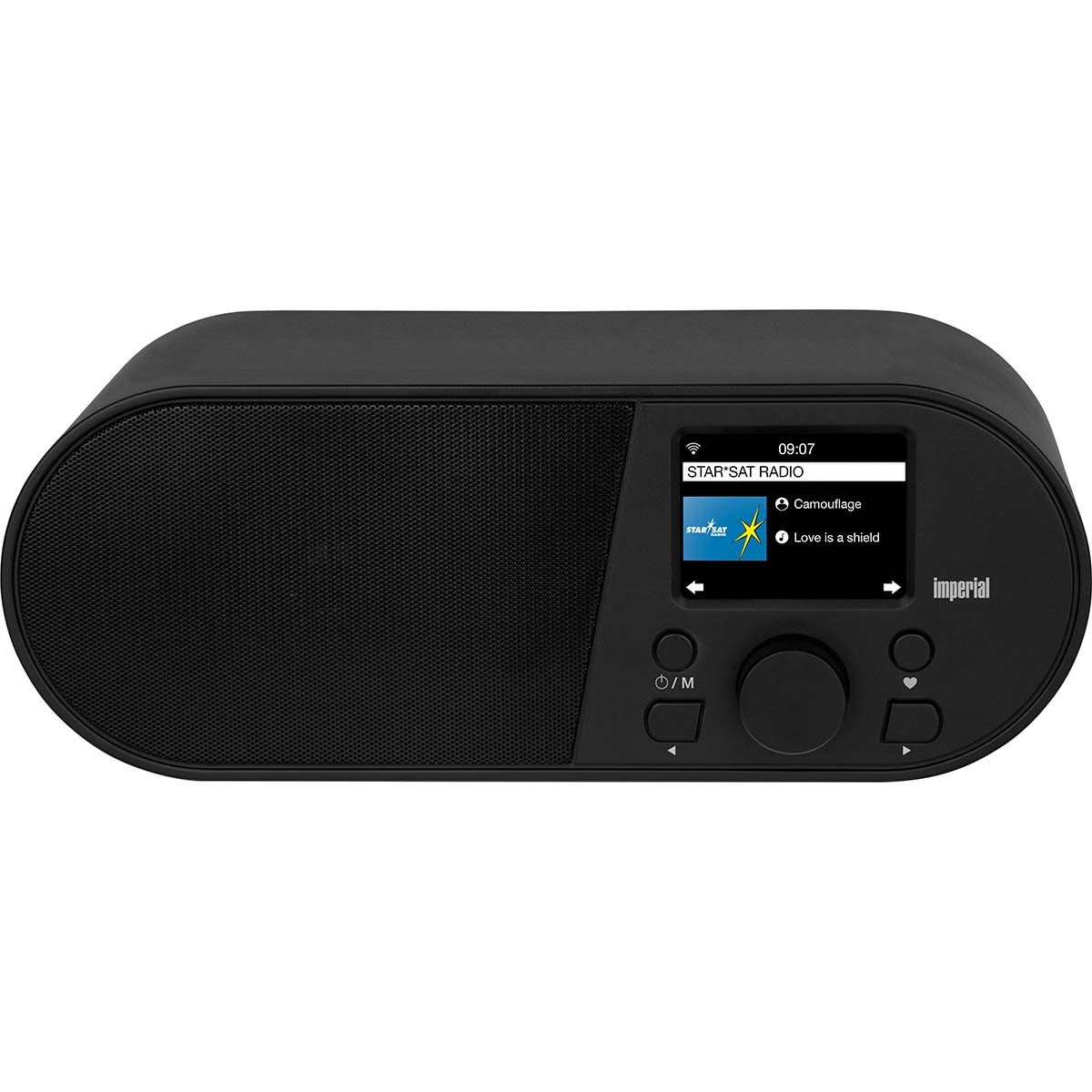 A black DAB+ radio with a screen displaying radio stations.