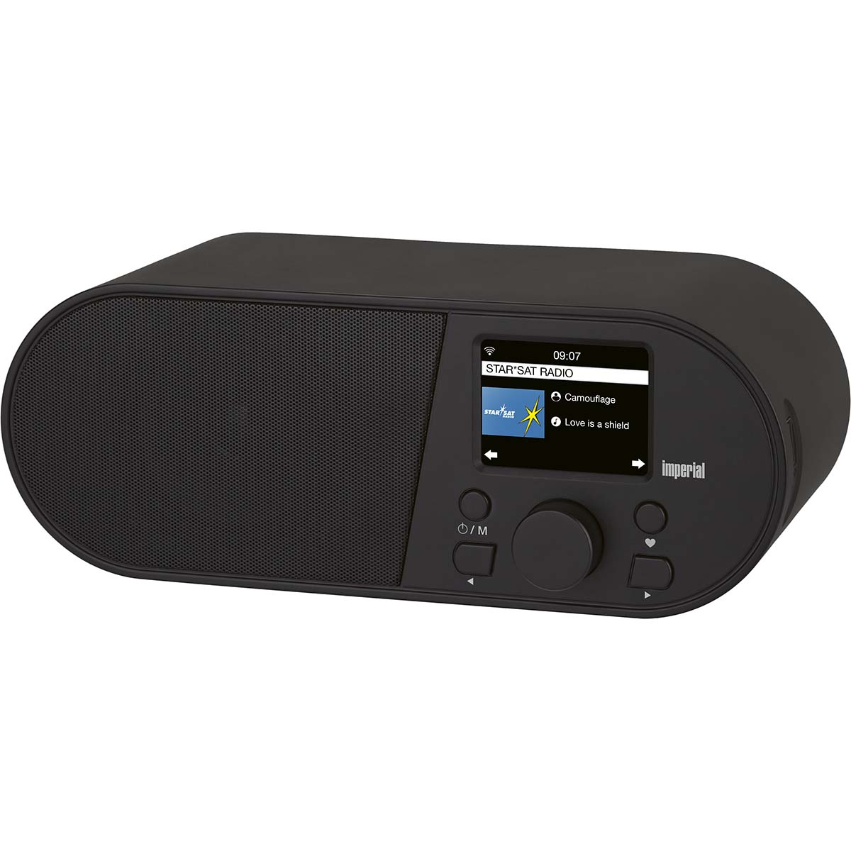 Black DAB+ radio with display, speaker grille, and control buttons.