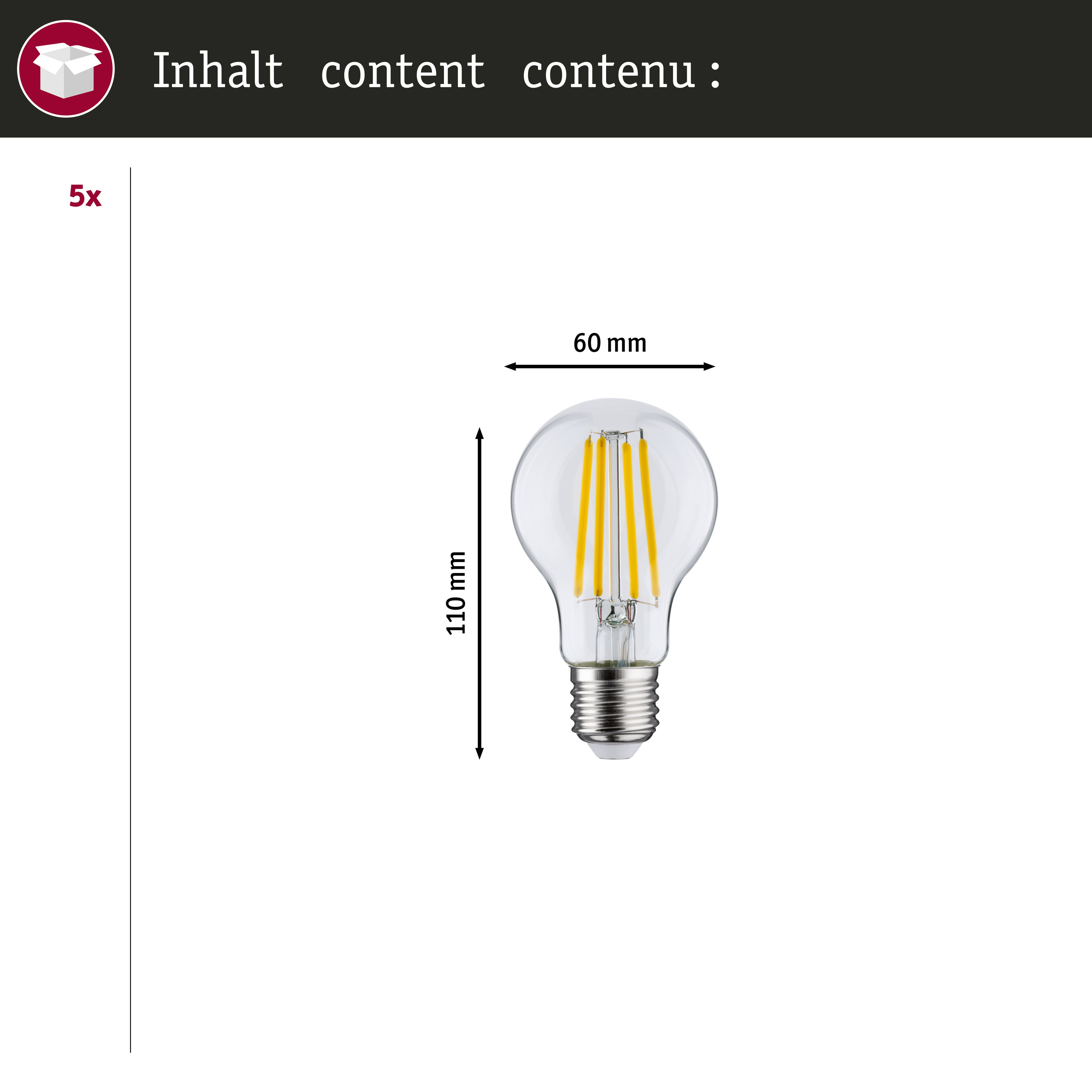 Żarówka o wysokości 110 mm i szerokości 60 mm.