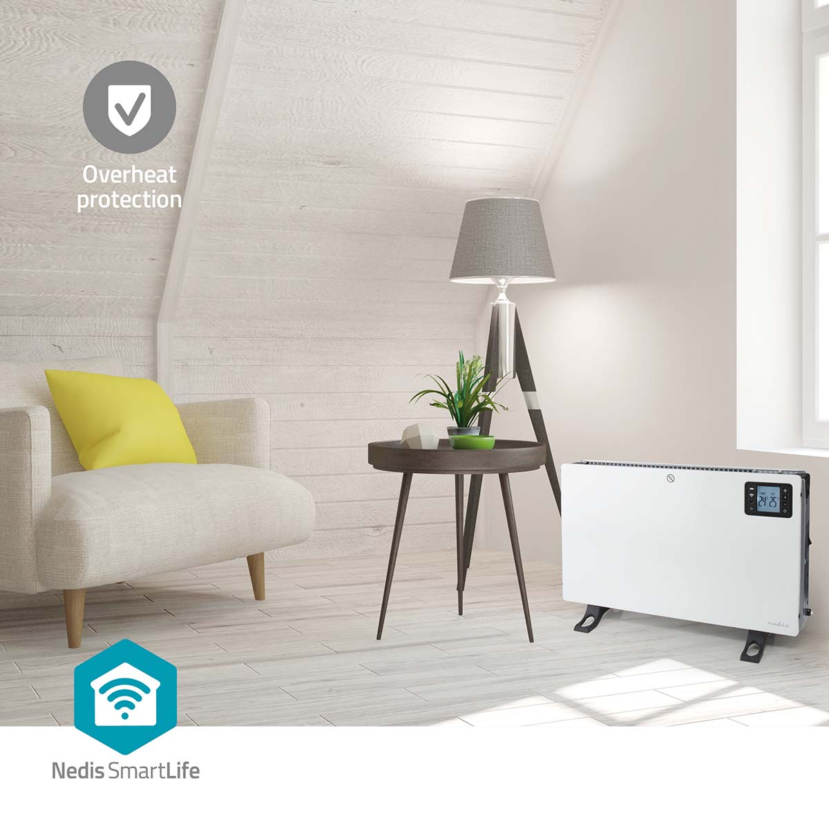 Un radiador blanco junto a una mesa con planta y sillón.