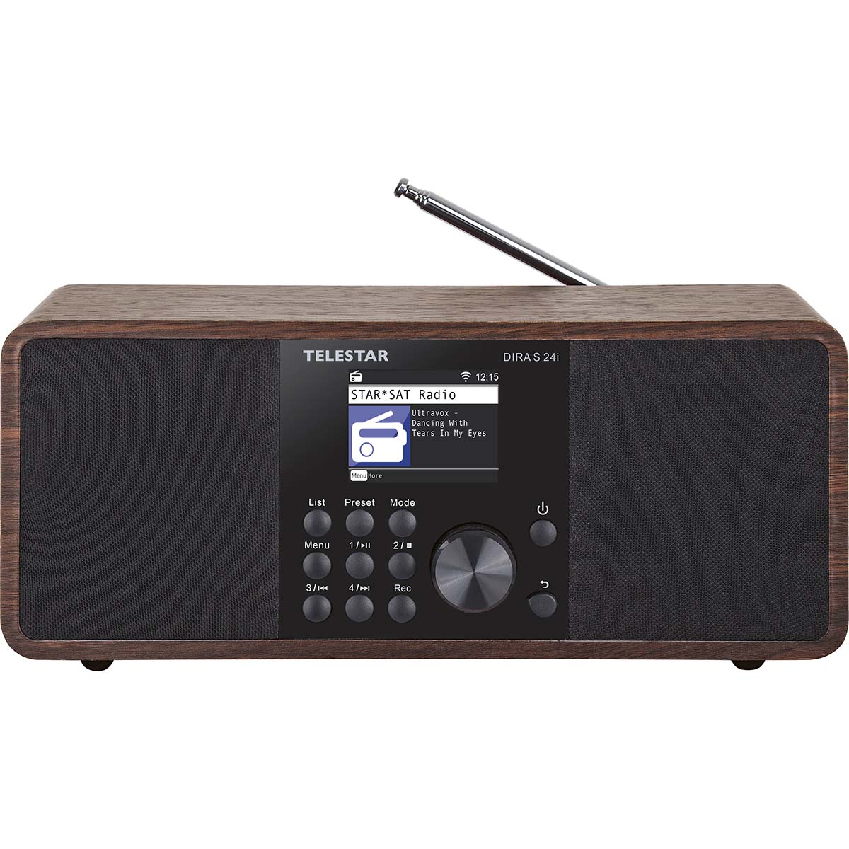 A brown wooden radio with a screen displaying a song title and artist.