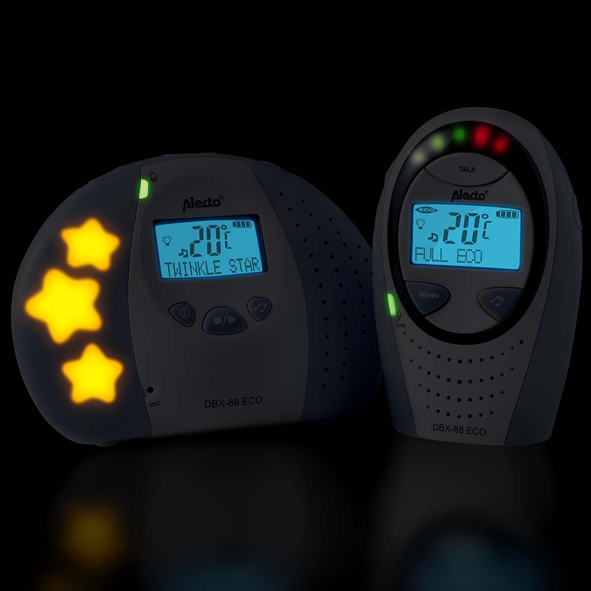 Dos monitores de bebé Alecto, uno con luz de estrellas, ambos muestran 20 grados.