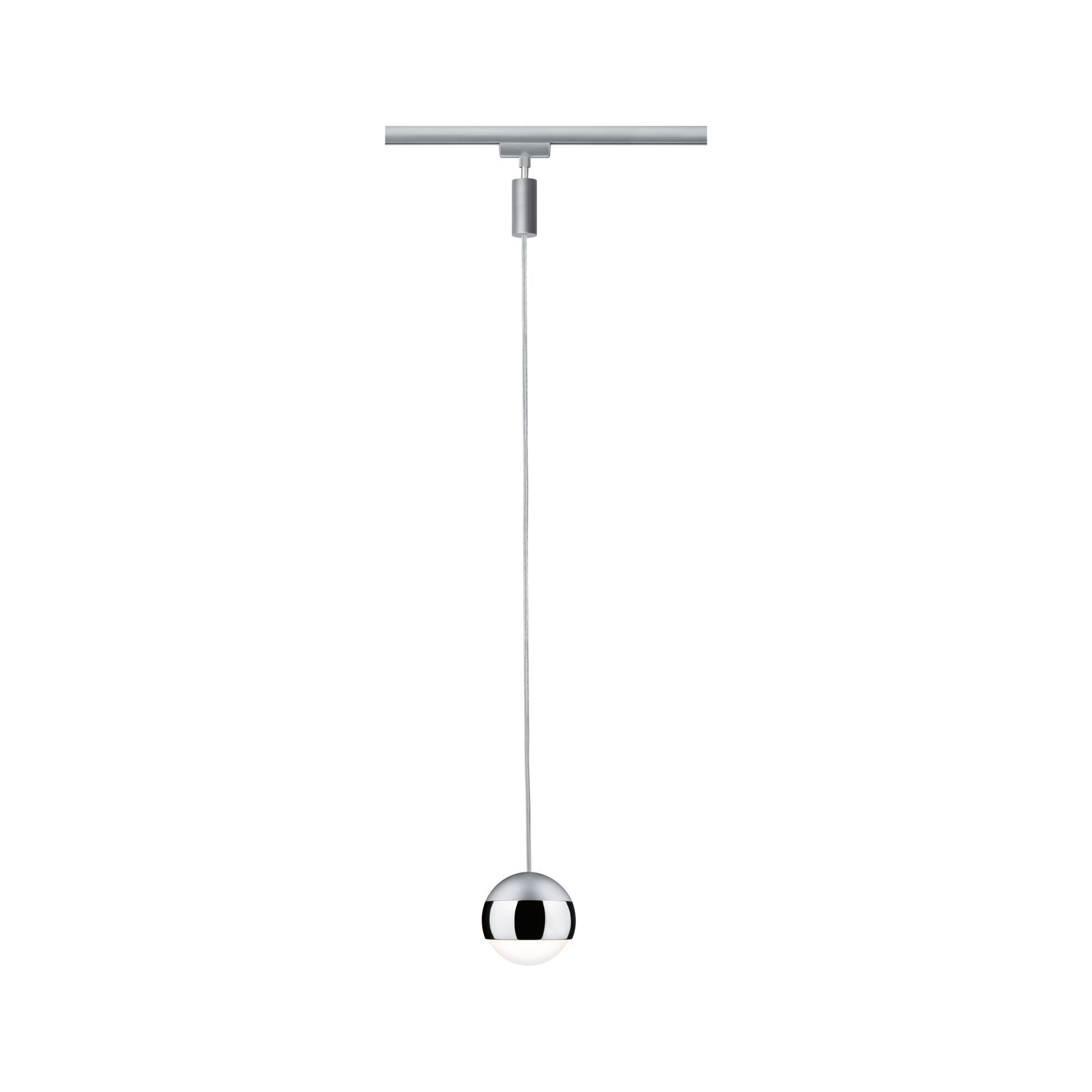 Srebrna lampa wisząca w kształcie kuli zwisa na cienkim kablu z szyny.