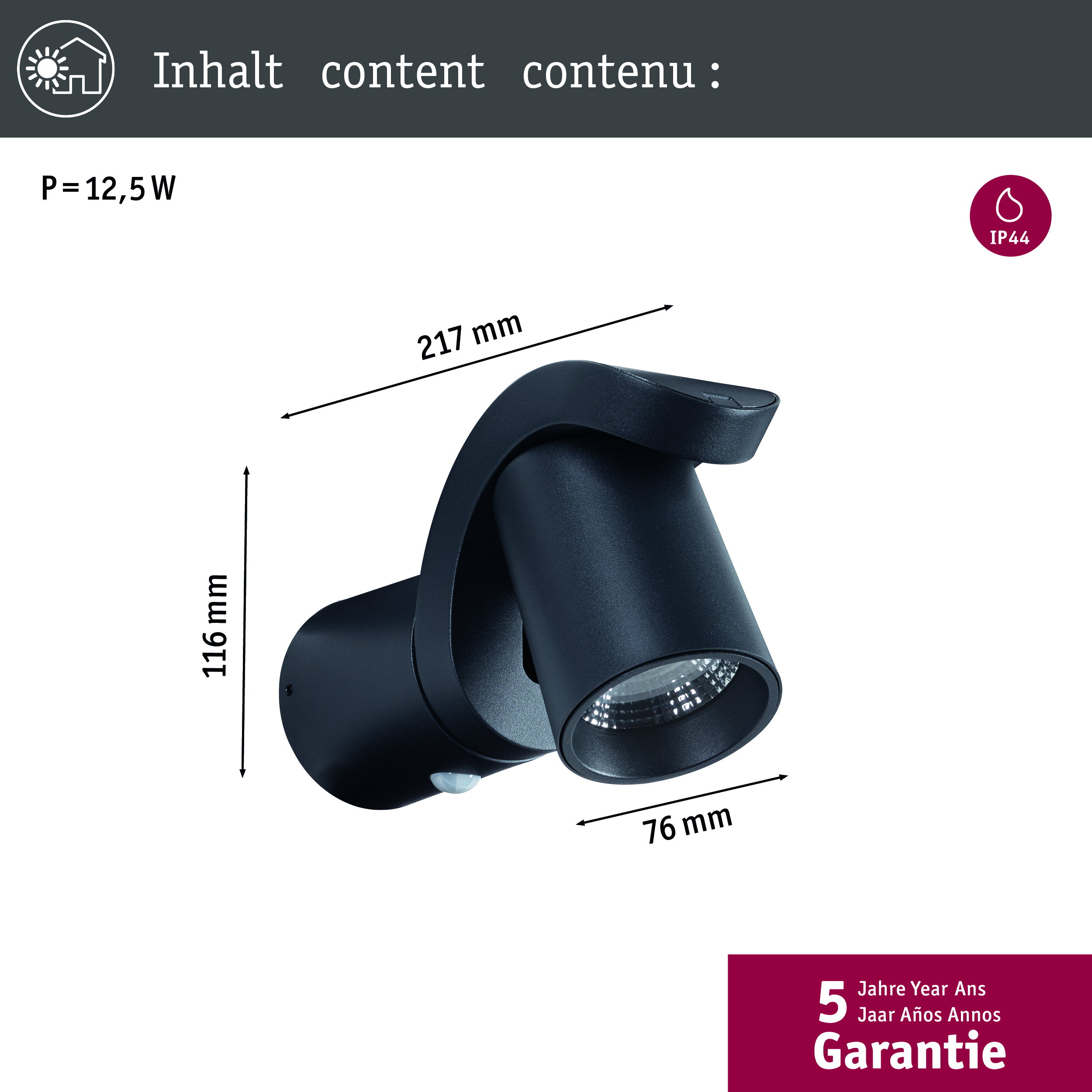 Czarny reflektor zewnętrzny, 12,5W, IP44, wymiary 217x116x76mm. 5 lat gwarancji.