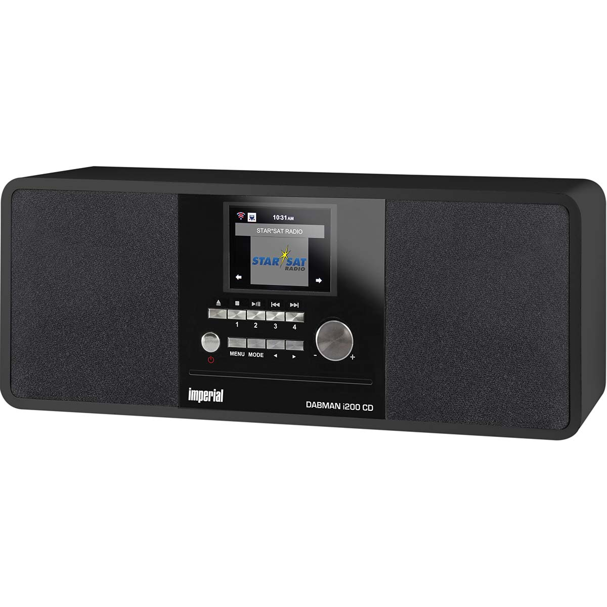 Radio Imperial DABMAN i200 CD nera con schermo, pulsanti e altoparlanti.