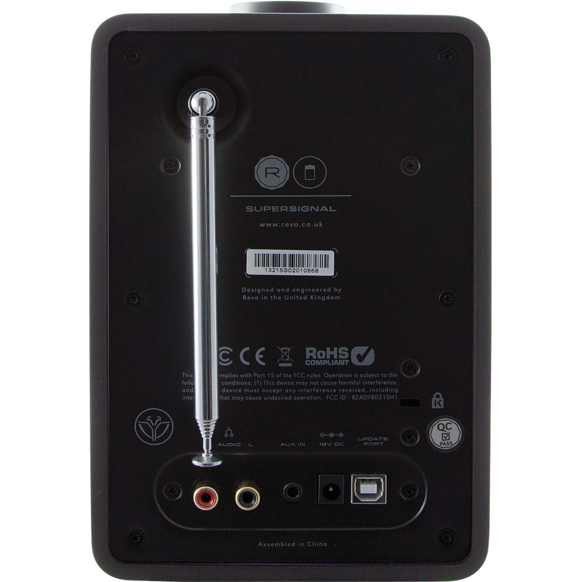 Back of a black radio with extended antenna and ports.